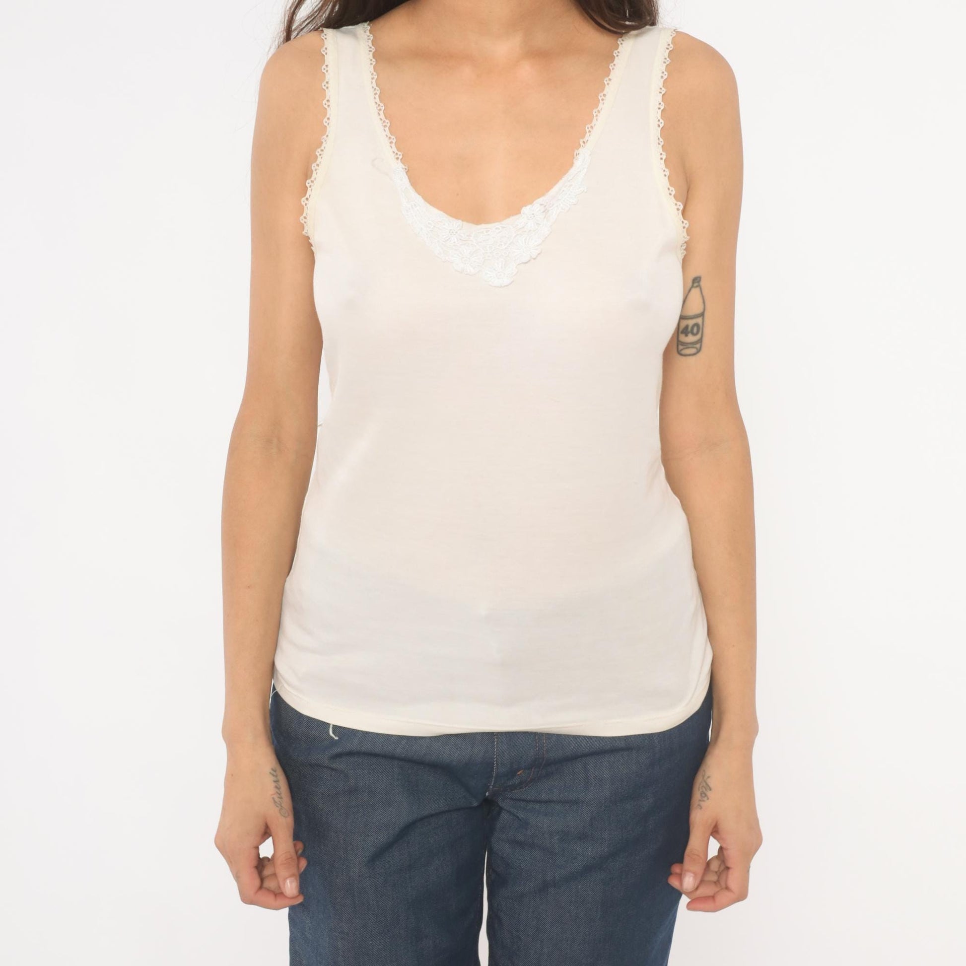 80s Ivory Camisole Lace Trim Scoop Neck Tank Top Small S
