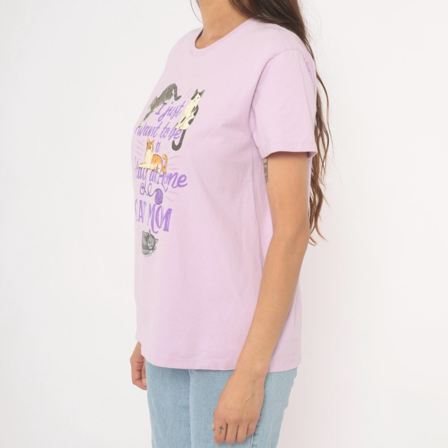 00s Port & Company Stay At Home Cat Mom Graphic Tee Lavender Large L
