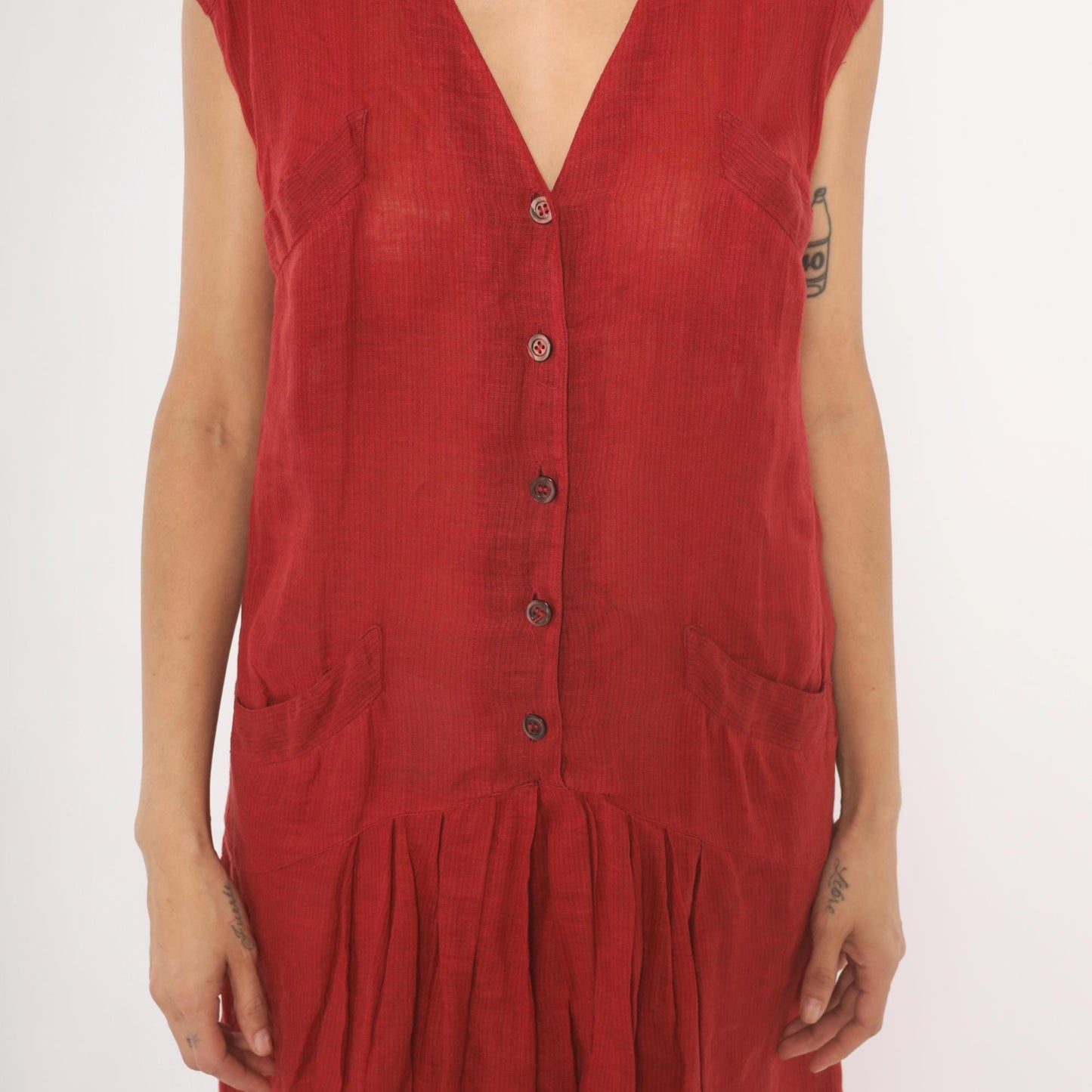 90s Laura Biagiotti Red Linen Dress V Neck Cap Sleeve Drop Waist Medium