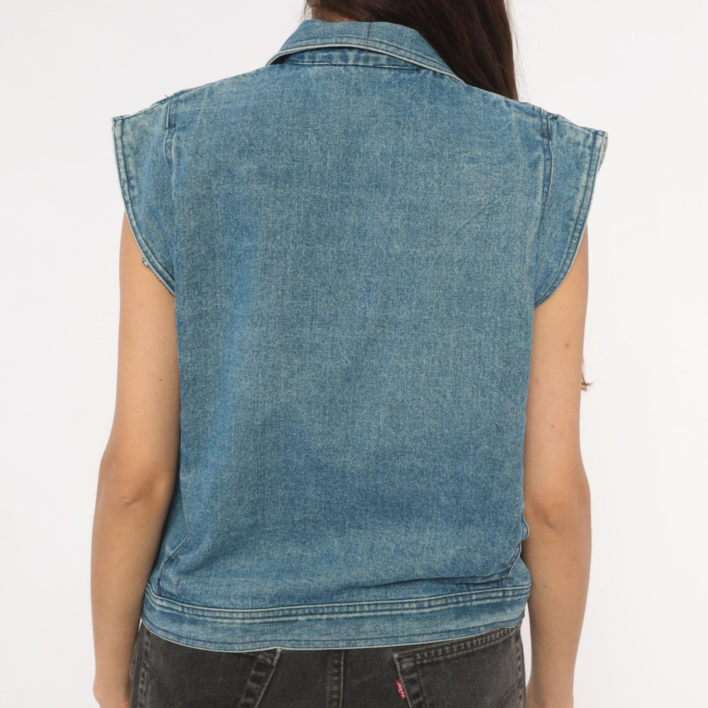 80s Mais Oui Denim Vest Pointed Collar Crop Blue Medium M