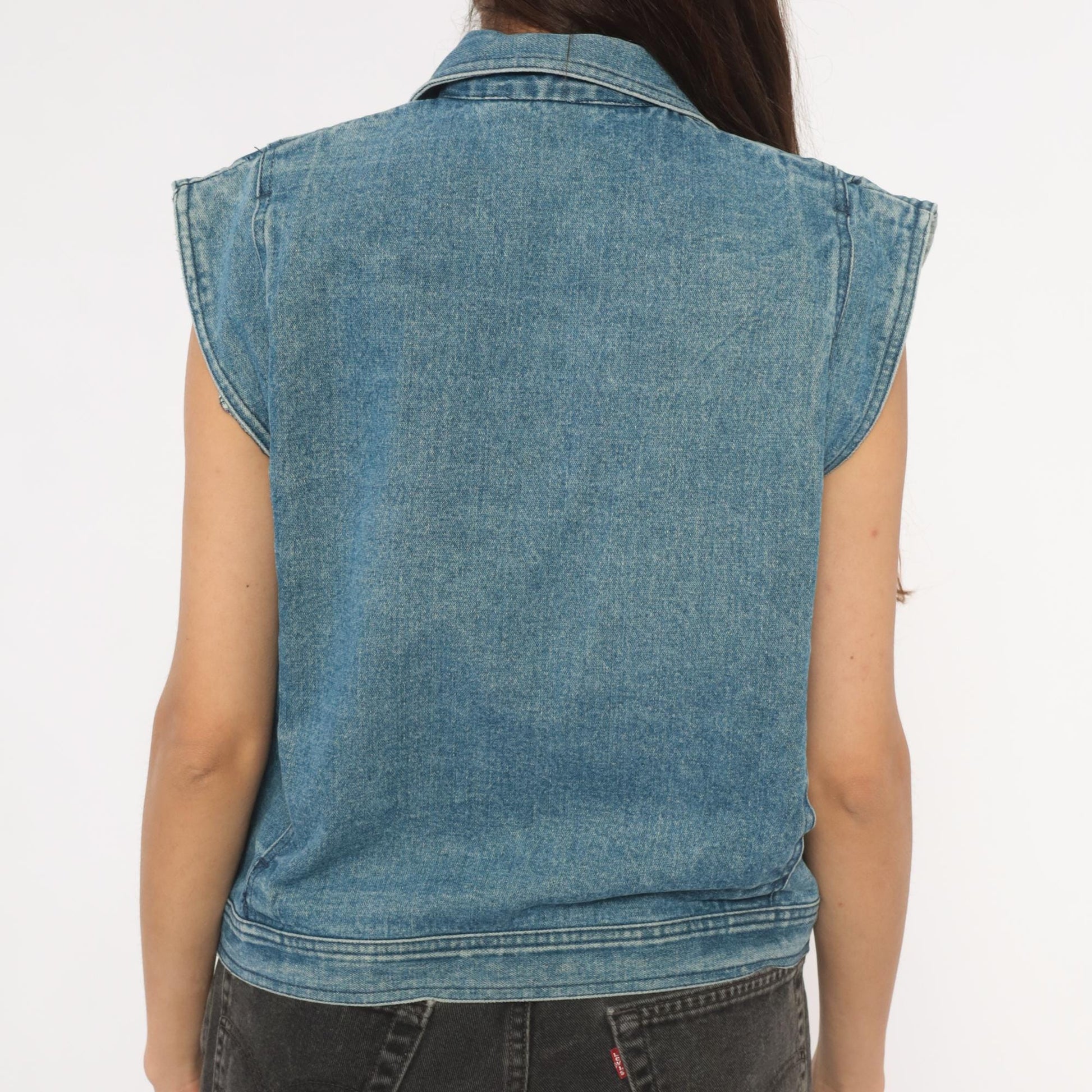 80s Mais Oui Denim Vest Pointed Collar Crop Blue Medium M