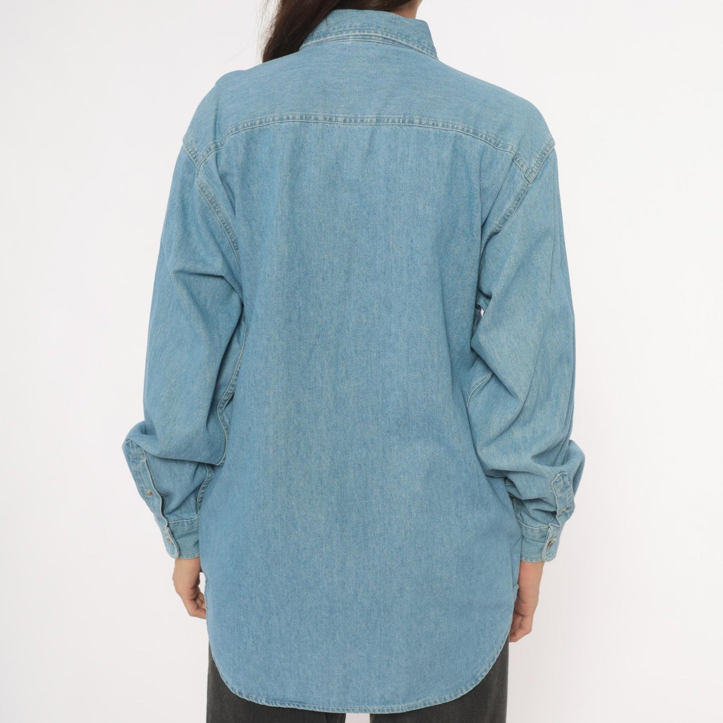2000s Port and Company Aviation Patch Denim Shirt Light Wash Blue Medium M