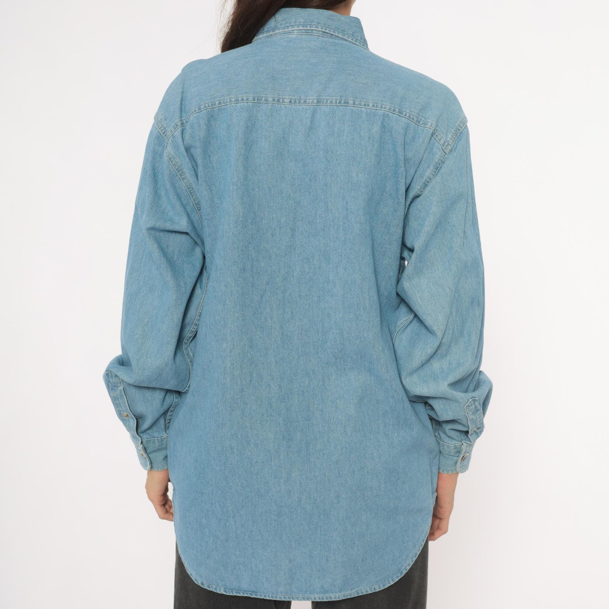 2000s Port and Company Aviation Patch Denim Shirt Light Wash Blue Medium M