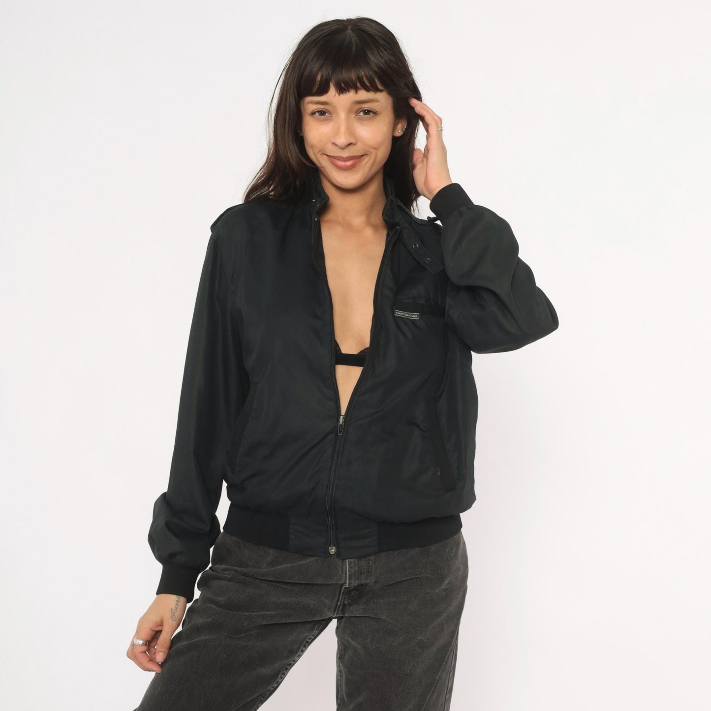 80s Hampton Country Club Black Bomber Jacket Snap Collar Epaulette Extra Small XS
