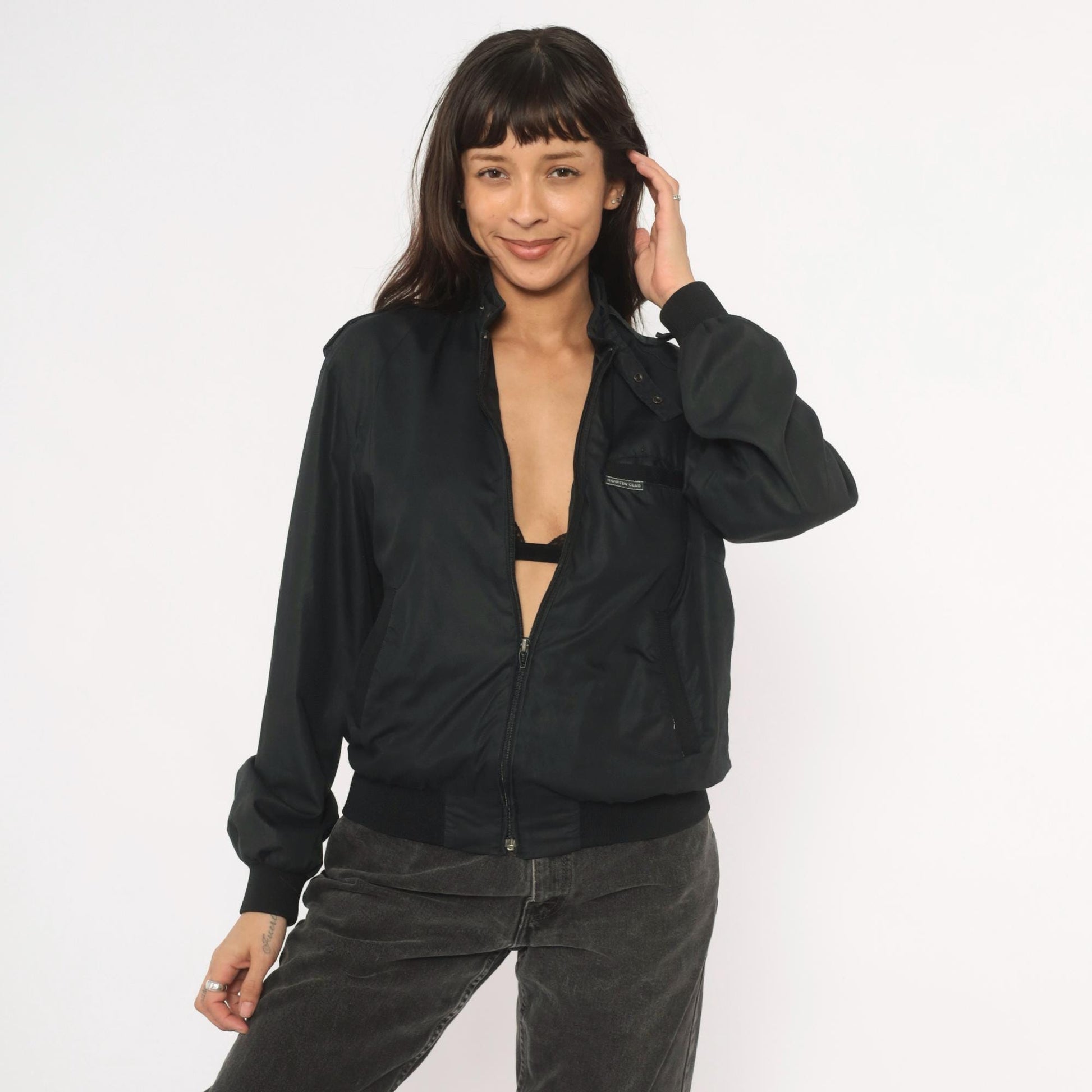 80s Hampton Country Club Black Bomber Jacket Snap Collar Epaulette Extra Small XS