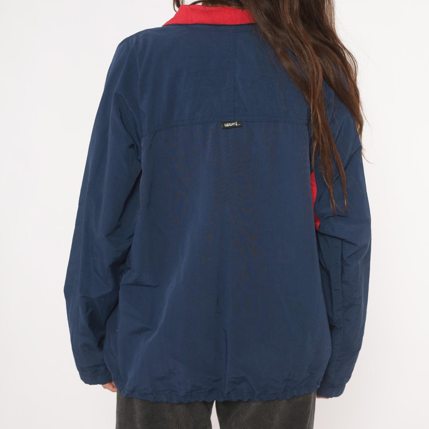 90s Uzzi Miami Beach Windbreaker Navy Half-Zip Nylon Jacket Red Collar Small