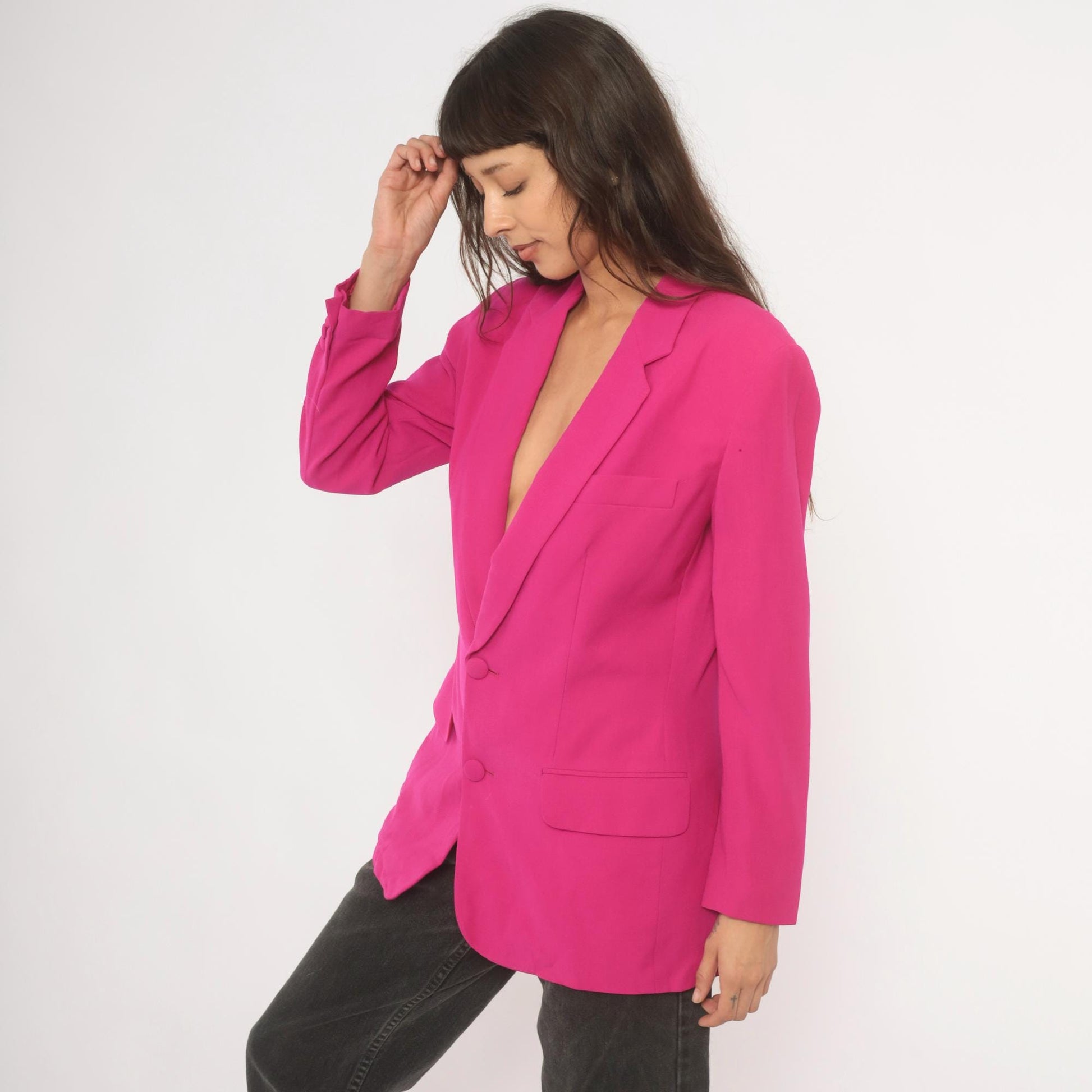 90s N. Valentino Hot Pink Wool Blazer Two-Button Structured Shoulders Medium M