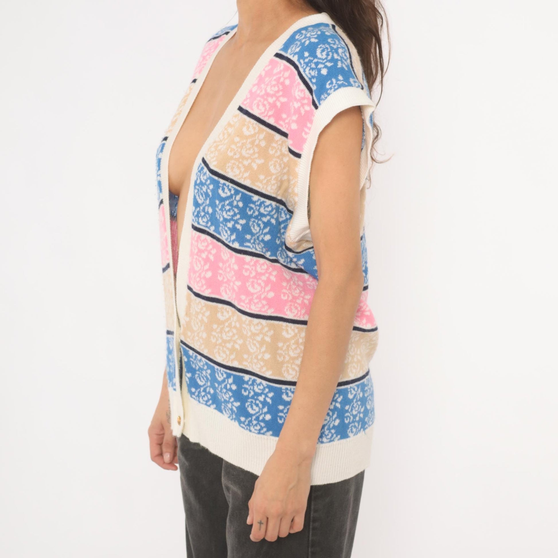 80s Floral Striped Sweater Vest V-Neck Knit Rose Print Blue Pink Cream Large