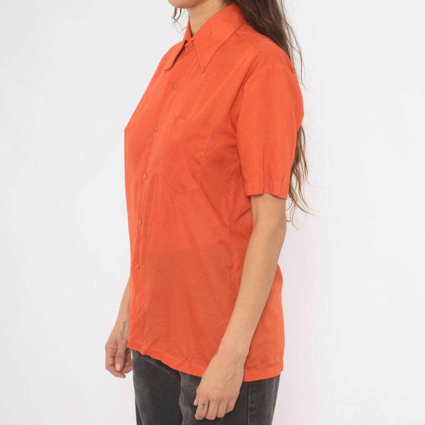 70s Odeon Burnt Orange Button-Up Shirt Pointed Collar Short Sleeve Medium