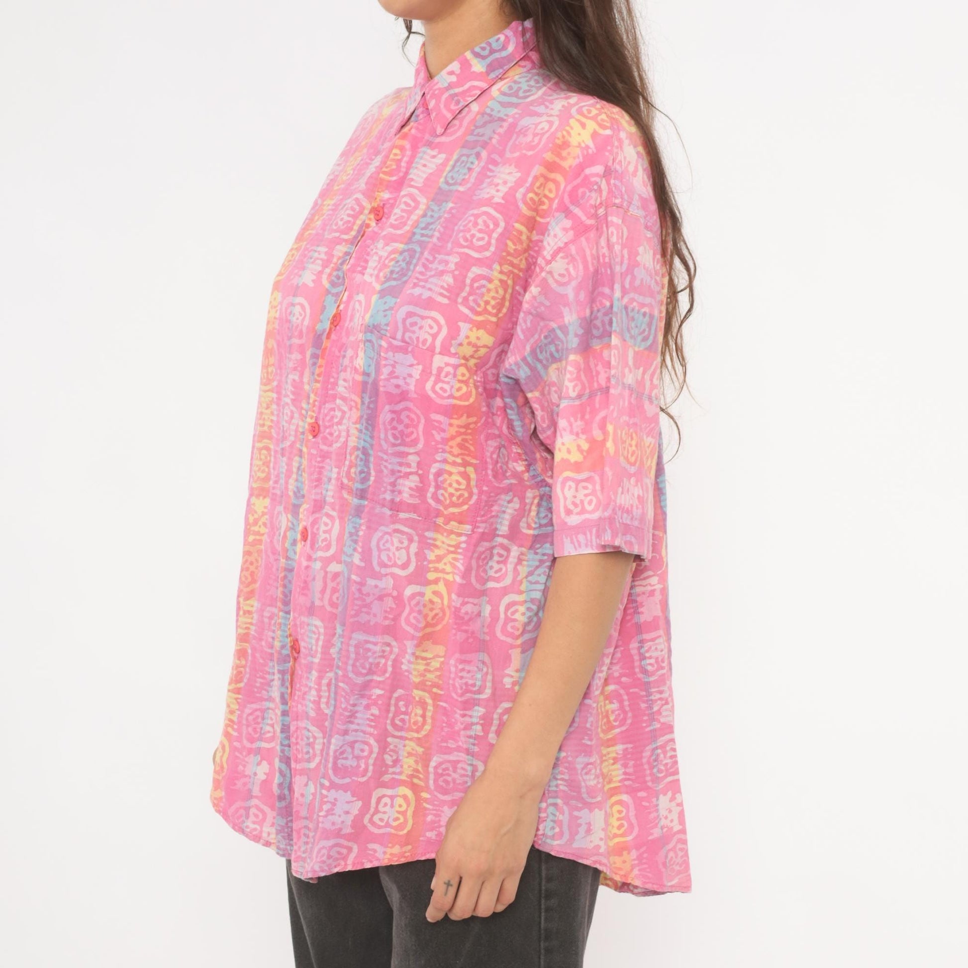 90s Body Objects Batik Print Button-Up Shirt Pink Multicolor Abstract Large L