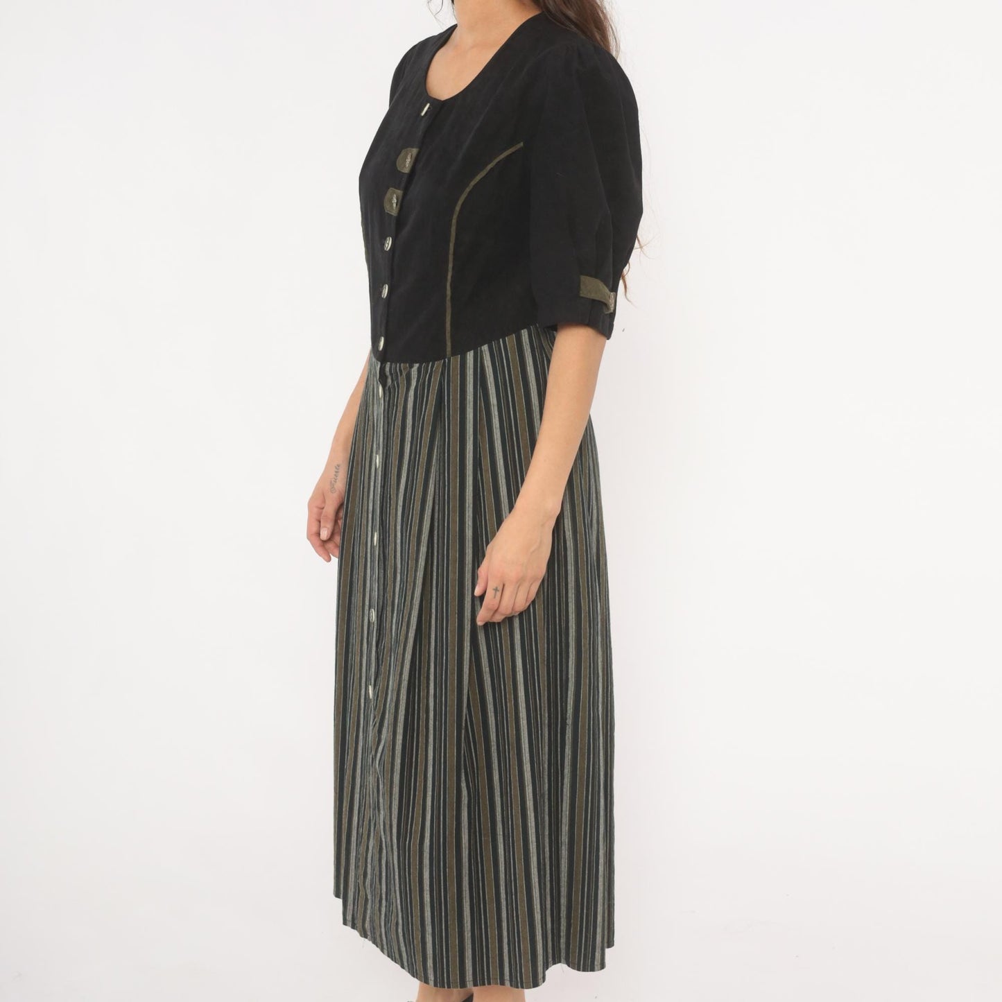90s Folk Line Dirndl Dress Black Olive Striped Midi Puff Sleeve Extra Large