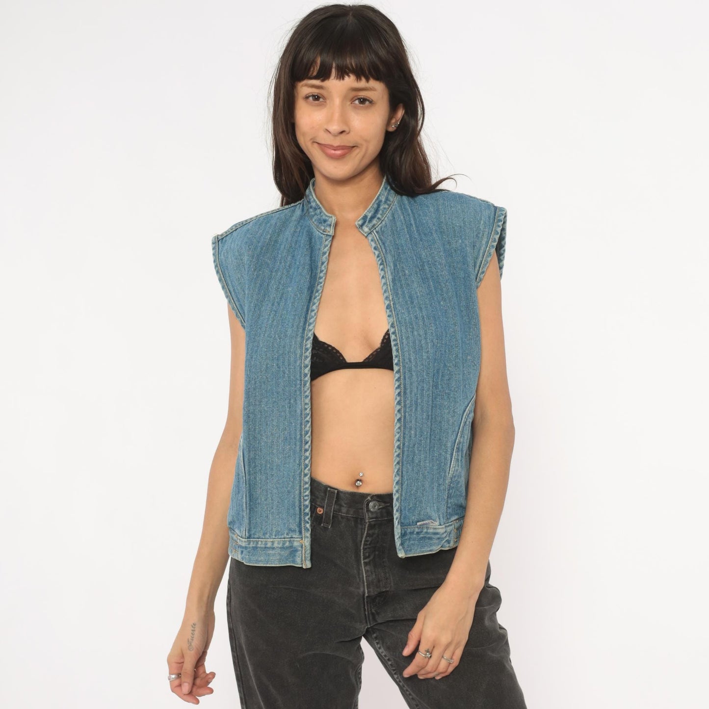 90s Jordache Reversible Denim Vest Pinstripe Blue White Mandarin Collar Small S