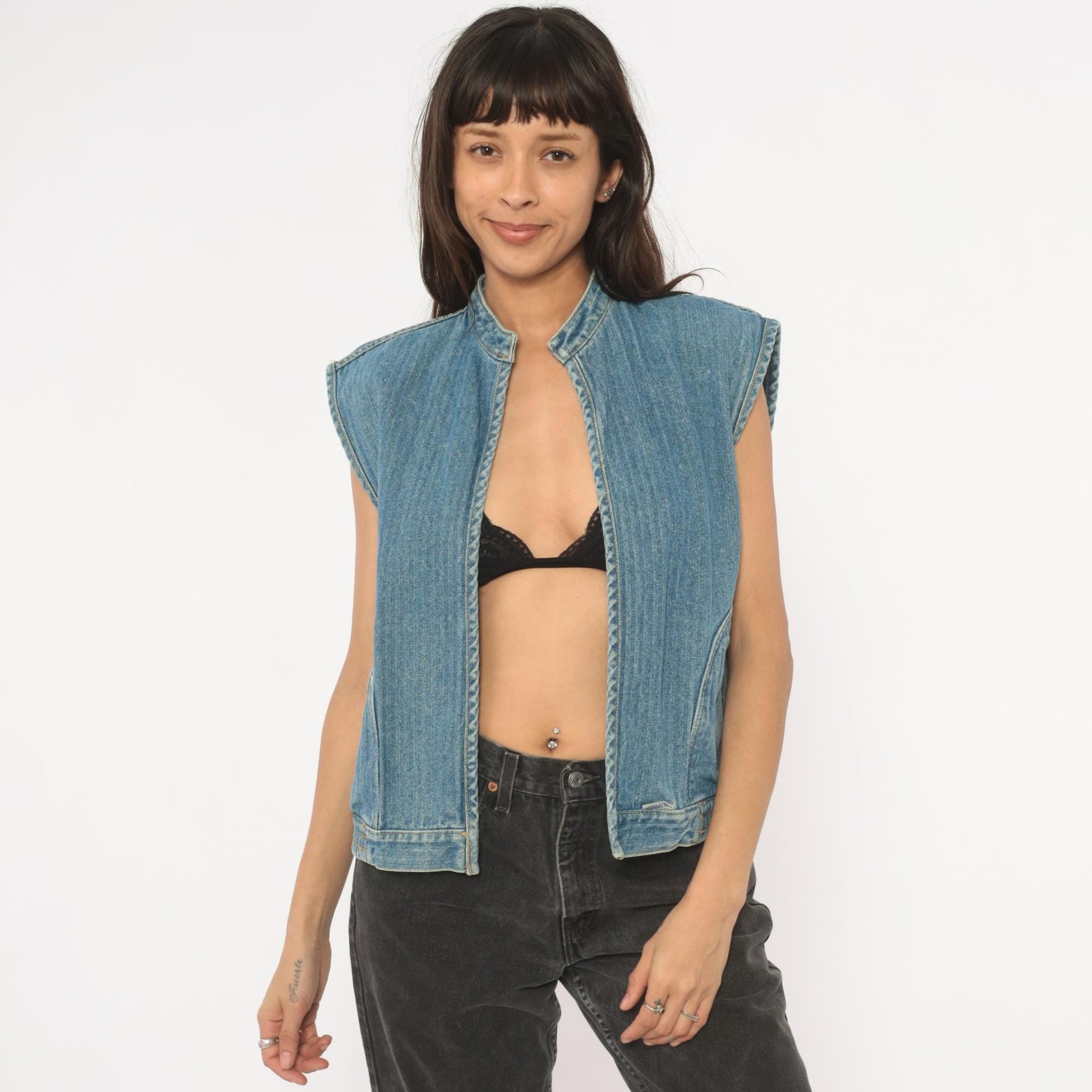 90s Jordache Reversible Denim Vest Pinstripe Blue White Mandarin Collar Small S