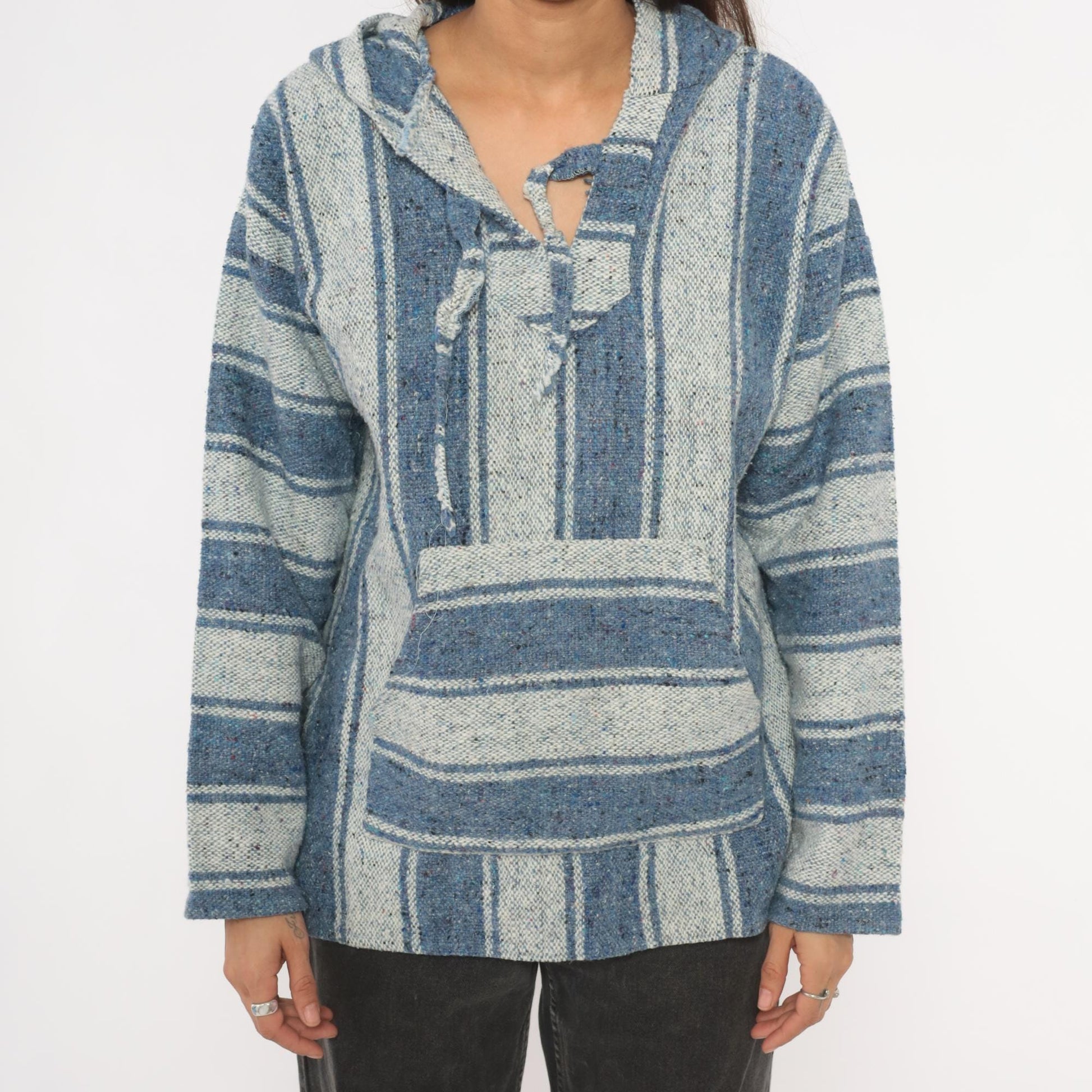 2000s Yarina Threads Blue Striped Baja Hoodie Woven Pullover Medium M