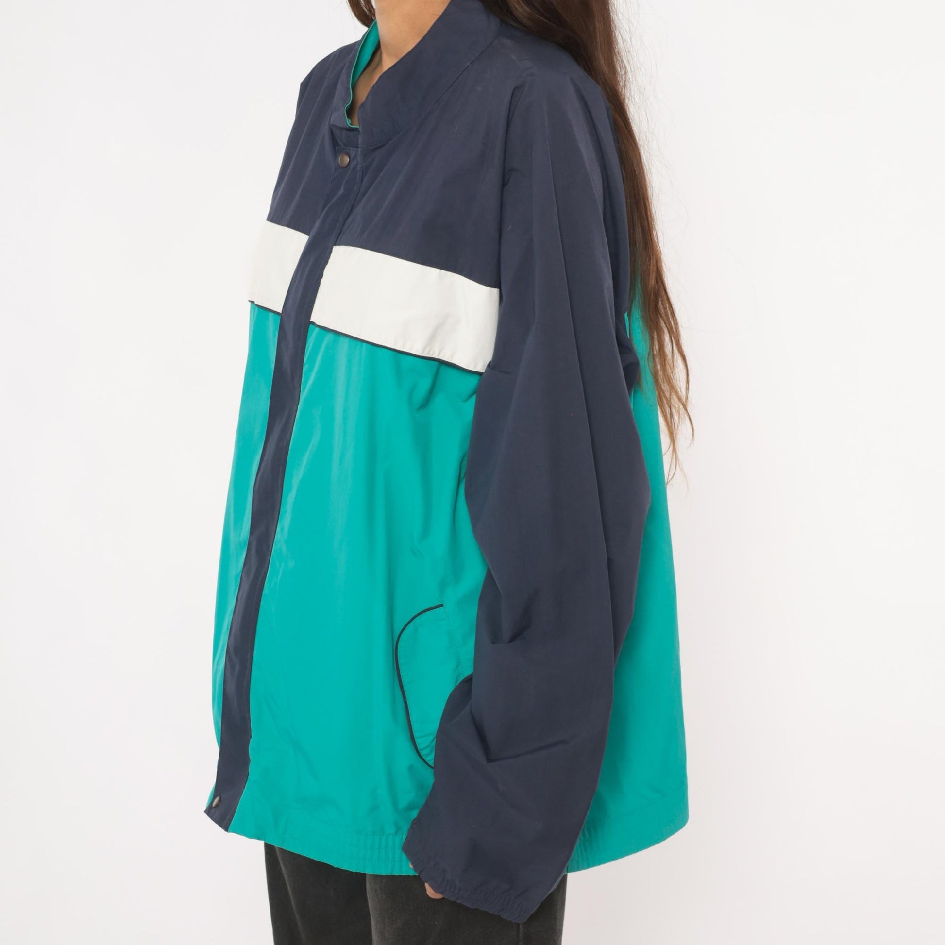 90s Tourney Colorblock Windbreaker Teal Navy White Snap Jacket Extra Large XL