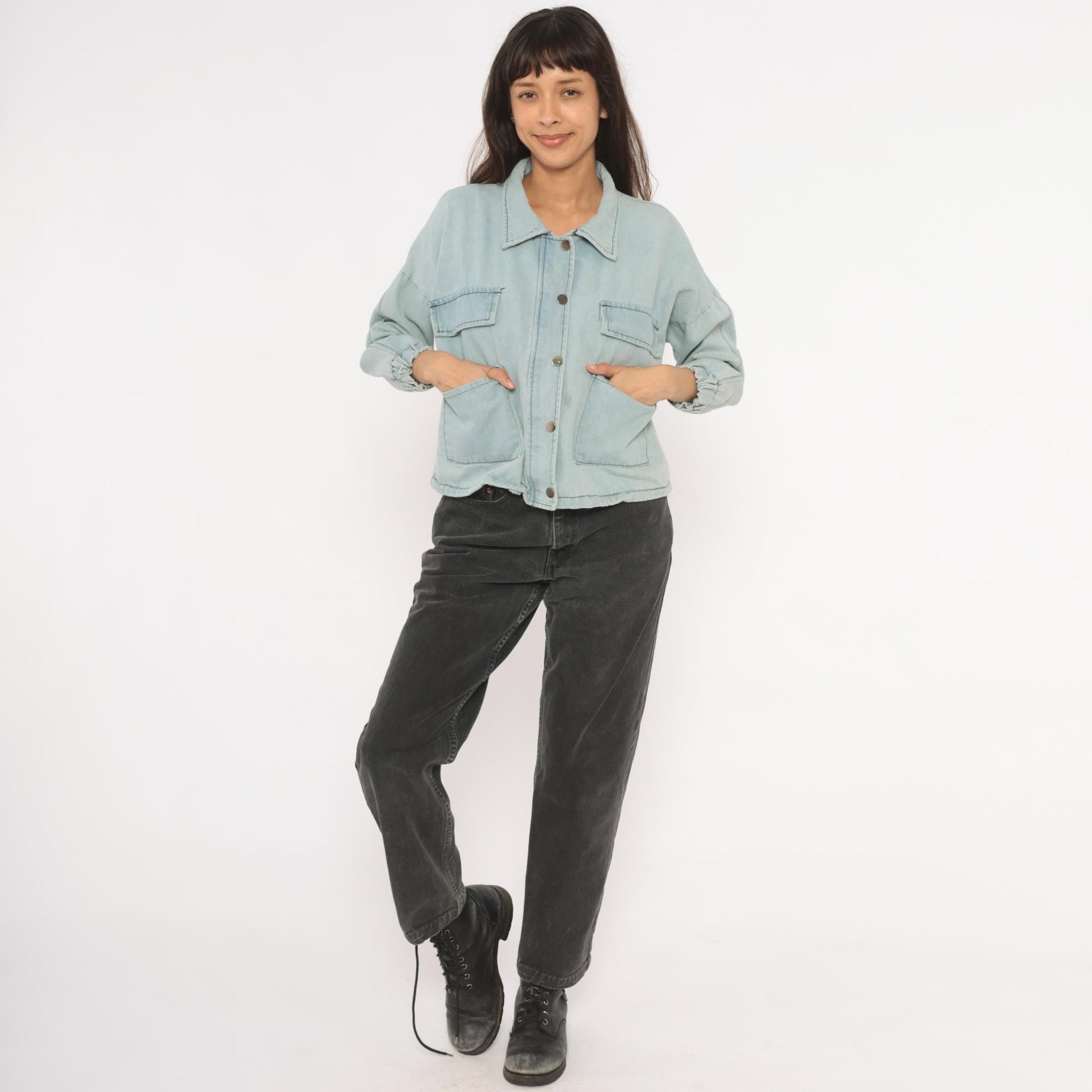 2000s Wang Luo Niu Za Light Wash Denim Crop Jacket Powder Blue Small S