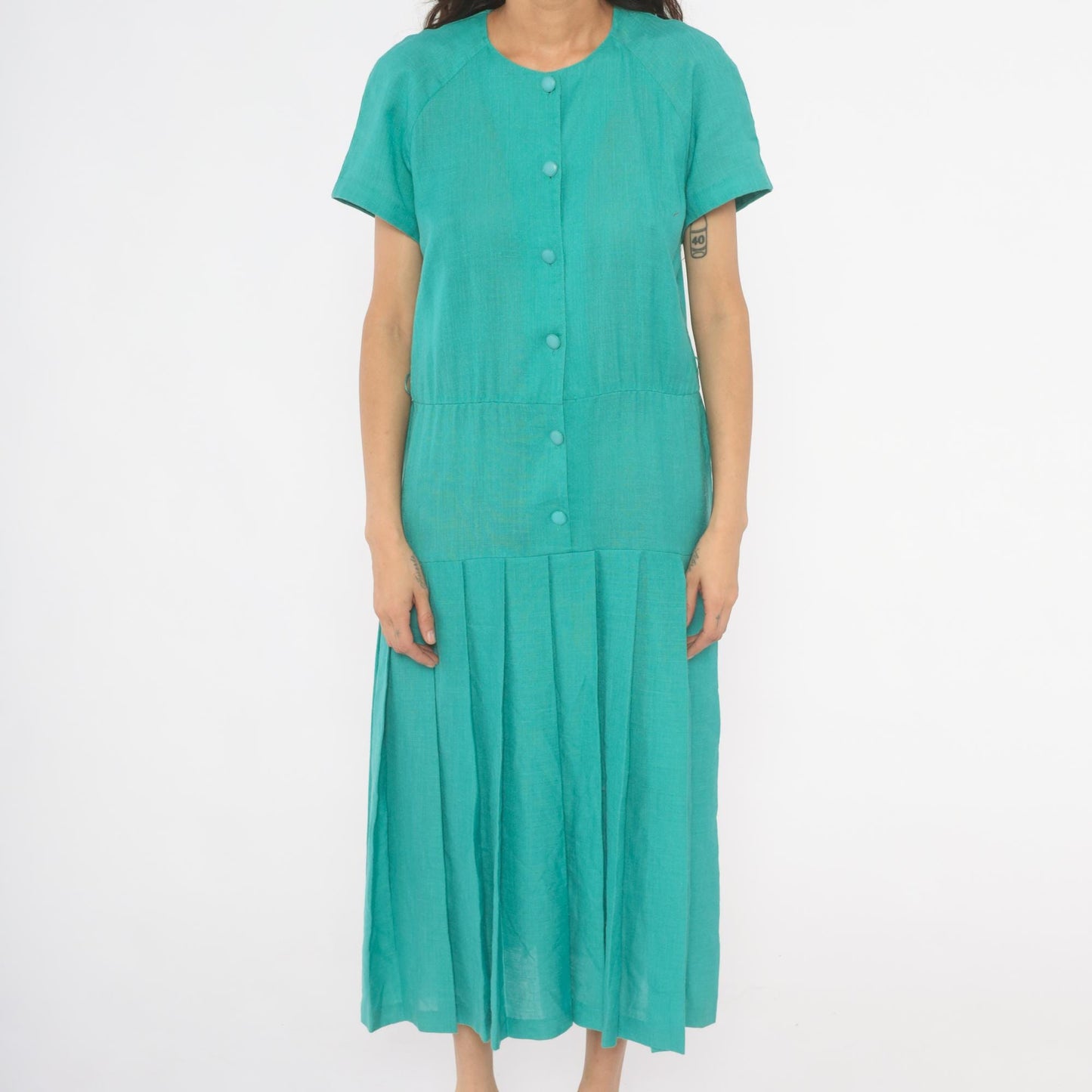 80s Sabino Teal Midi Dress Button Front Drop Waist Pleated Raglan Large L