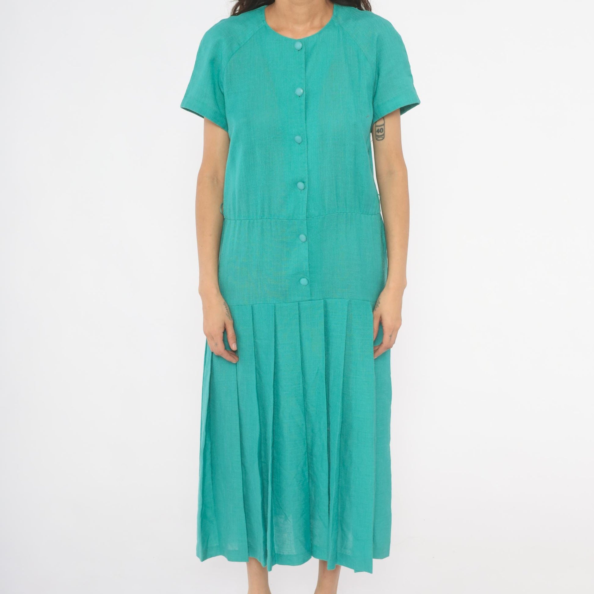 80s Sabino Teal Midi Dress Button Front Drop Waist Pleated Raglan Large L