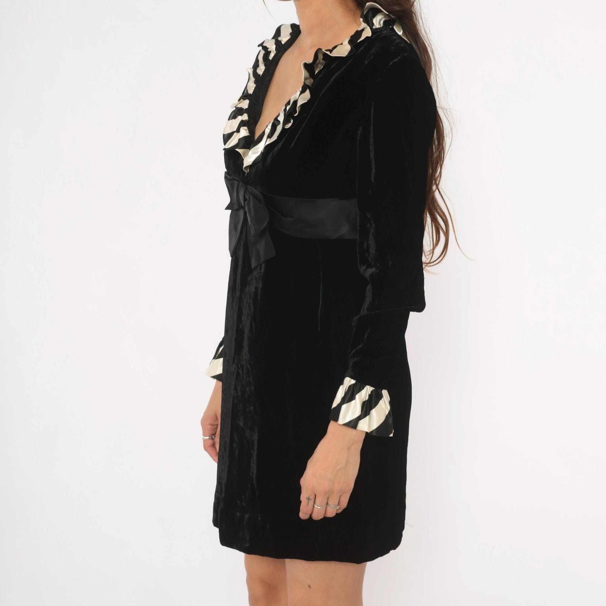 60s Andine Original Velvet Mini Dress Black Striped Ruffle Collar Small S