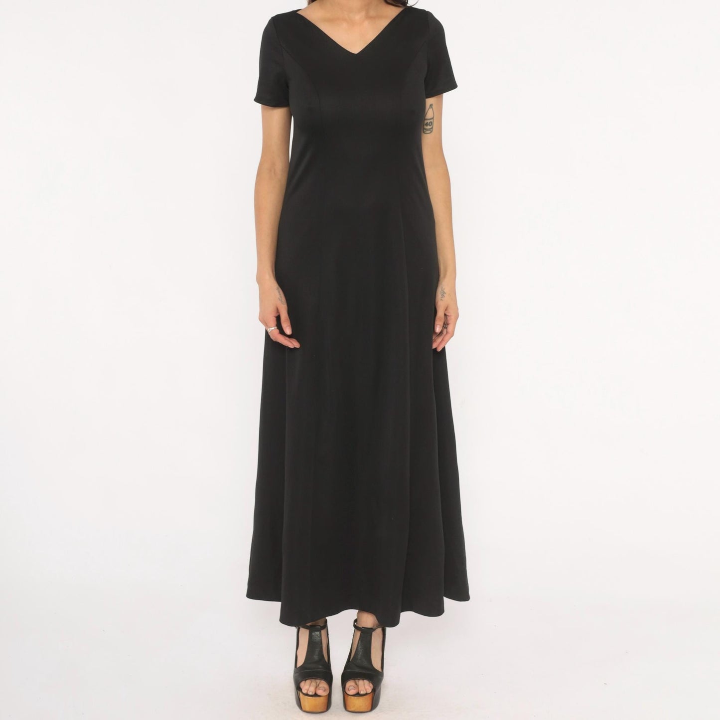 90s Black Maxi Dress V Neck Short Sleeve A Line Formal Gown Small S