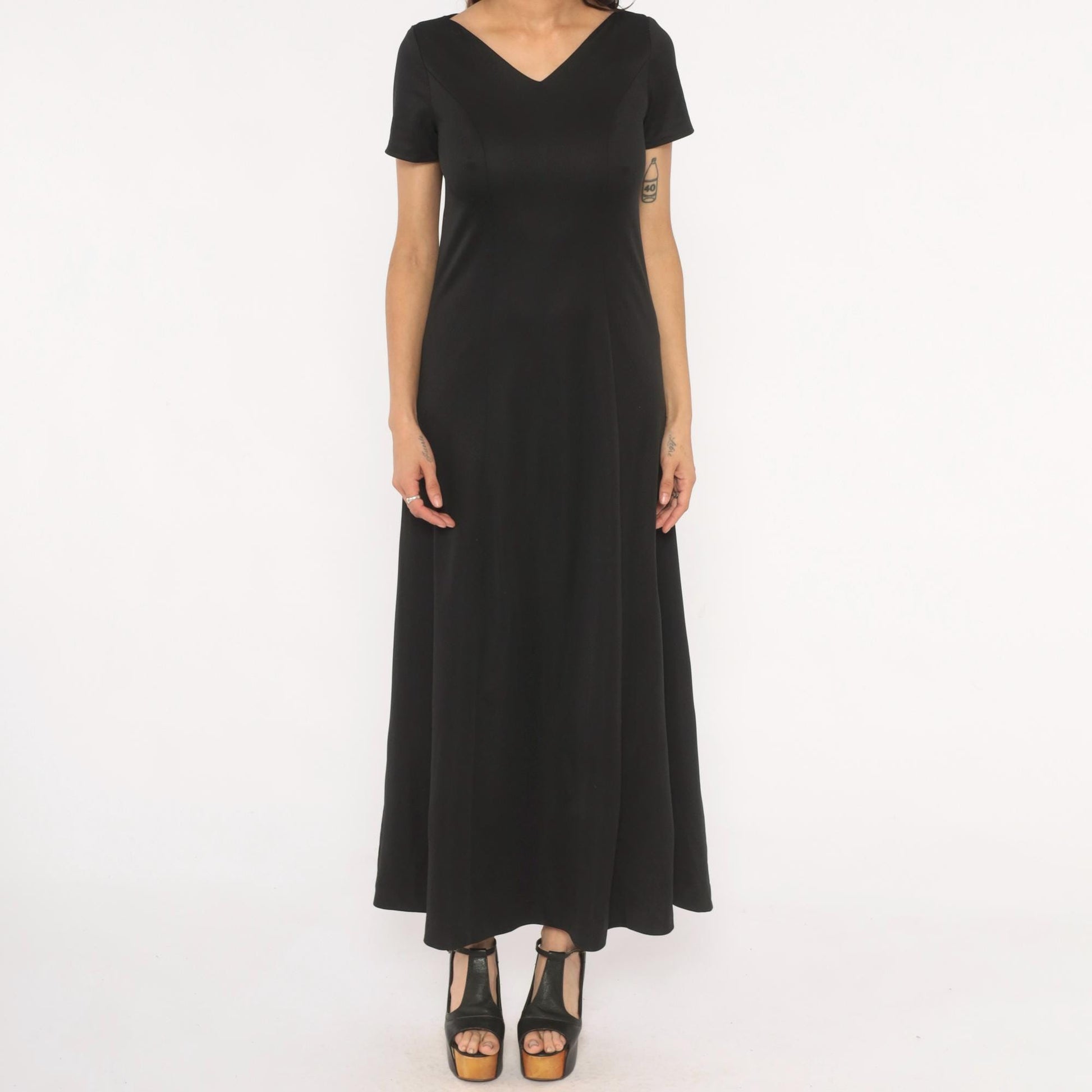 90s Black Maxi Dress V Neck Short Sleeve A Line Formal Gown Small S