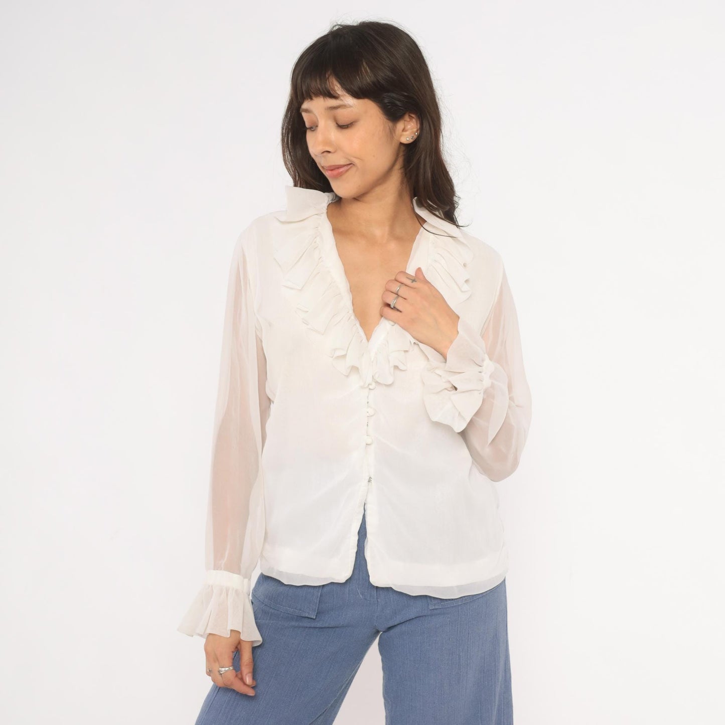70s Gregory Ruffle Collar Blouse Ivory V-Neck Button Front Sheer Sleeve Medium