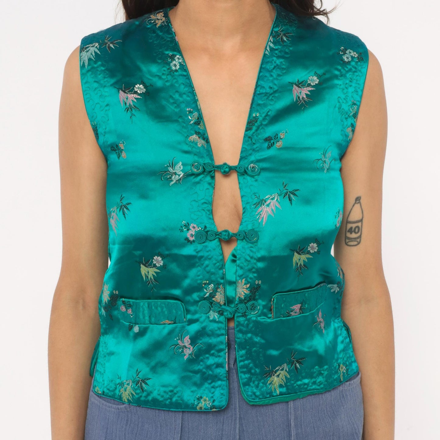 80s Esme Teal Satin Brocade Vest Floral Embroidered Frog Button Sleeveless Extra Small