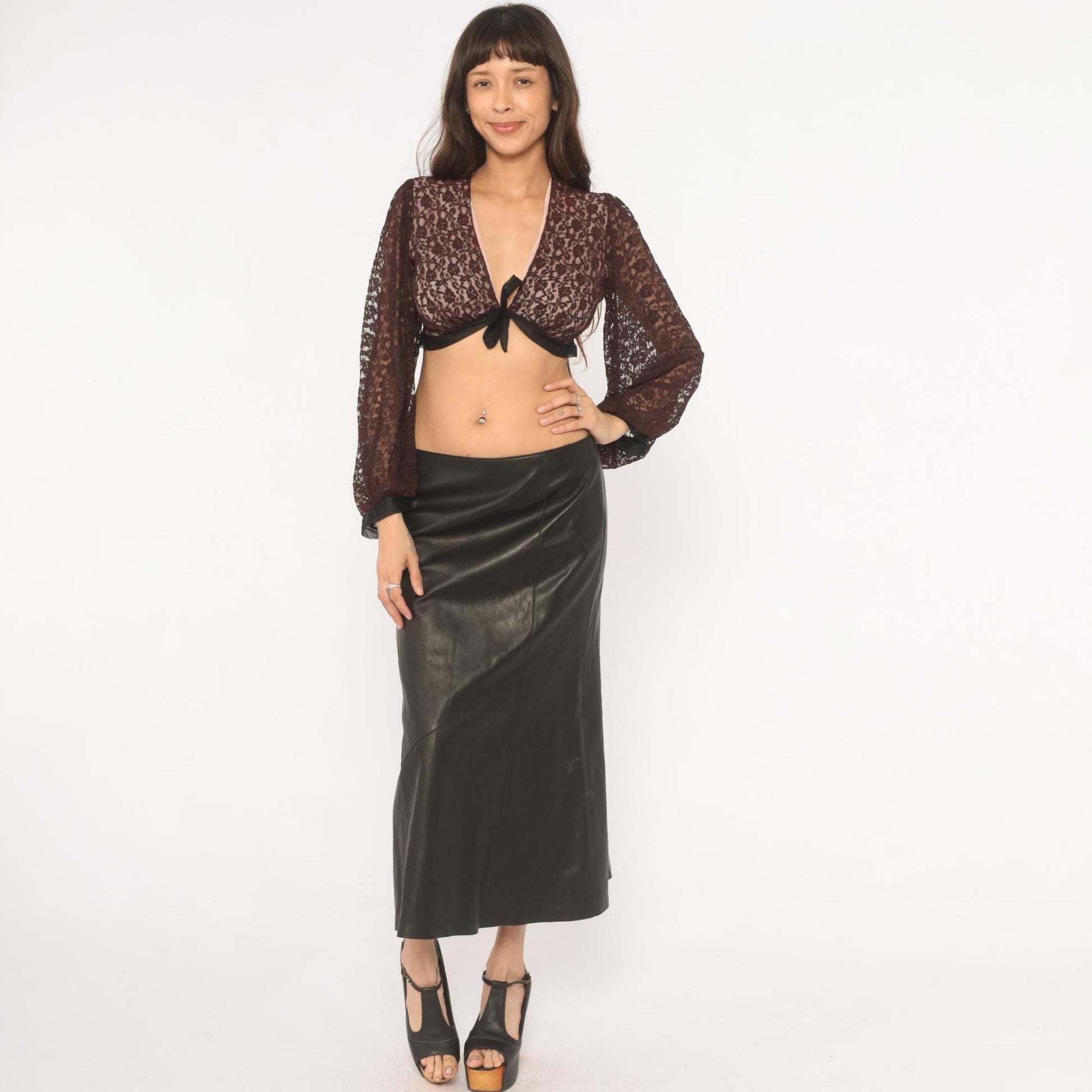 70s Rovel of California Black Lace Crop Top Tie Front Deep V Neck Bishop Sleeve Small