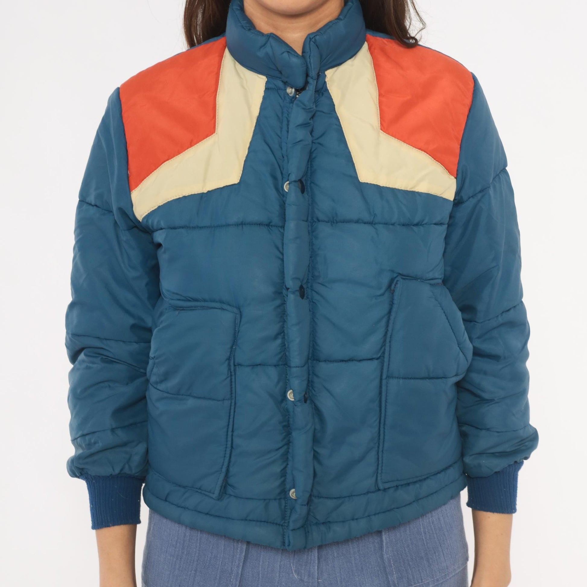 70s Navy Orange Cream Chevron Puffer Jacket Quilted Bomber Ski Coat XS