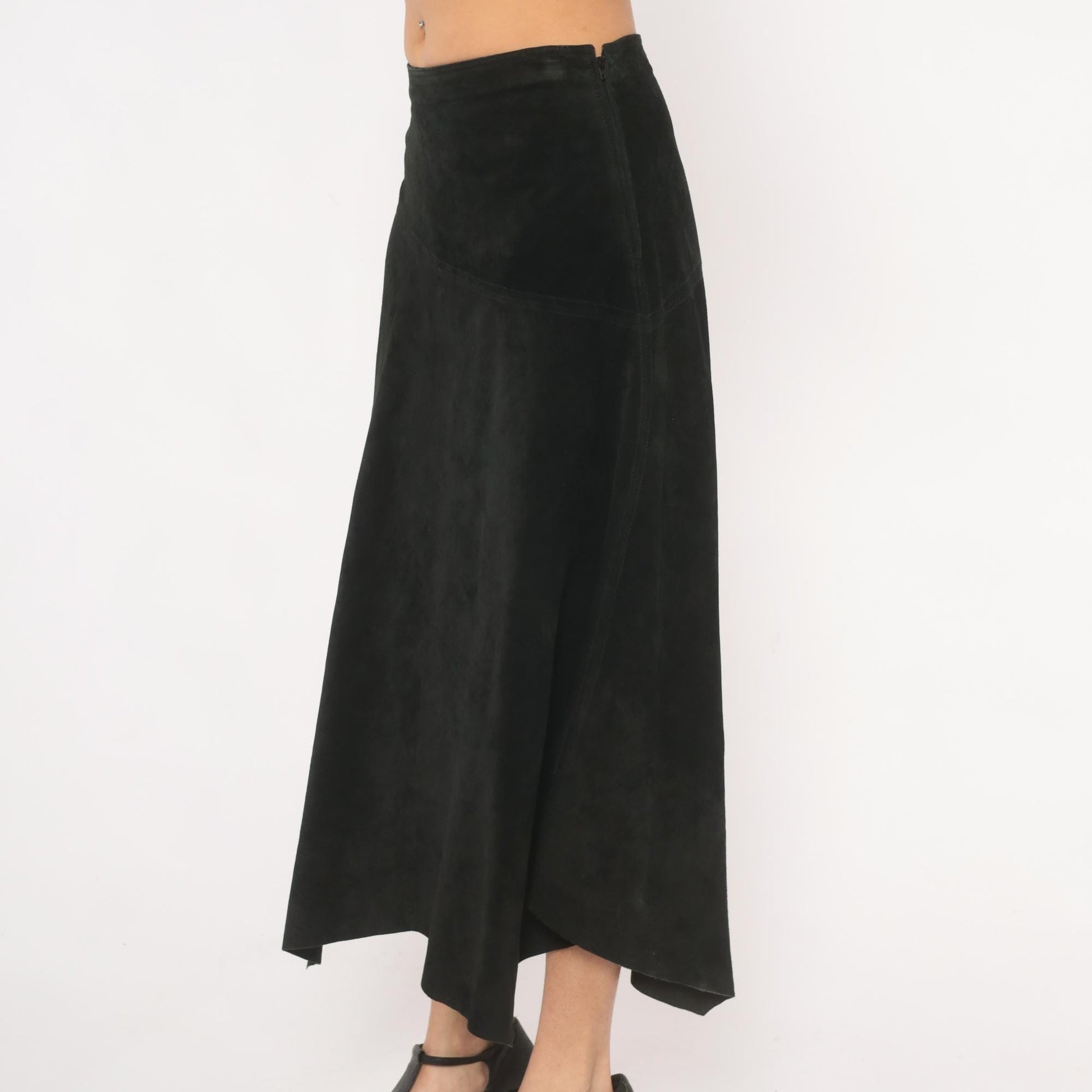 90s Provence Black Suede Midi Skirt Asymmetrical Handkerchief Hem High Waist Small