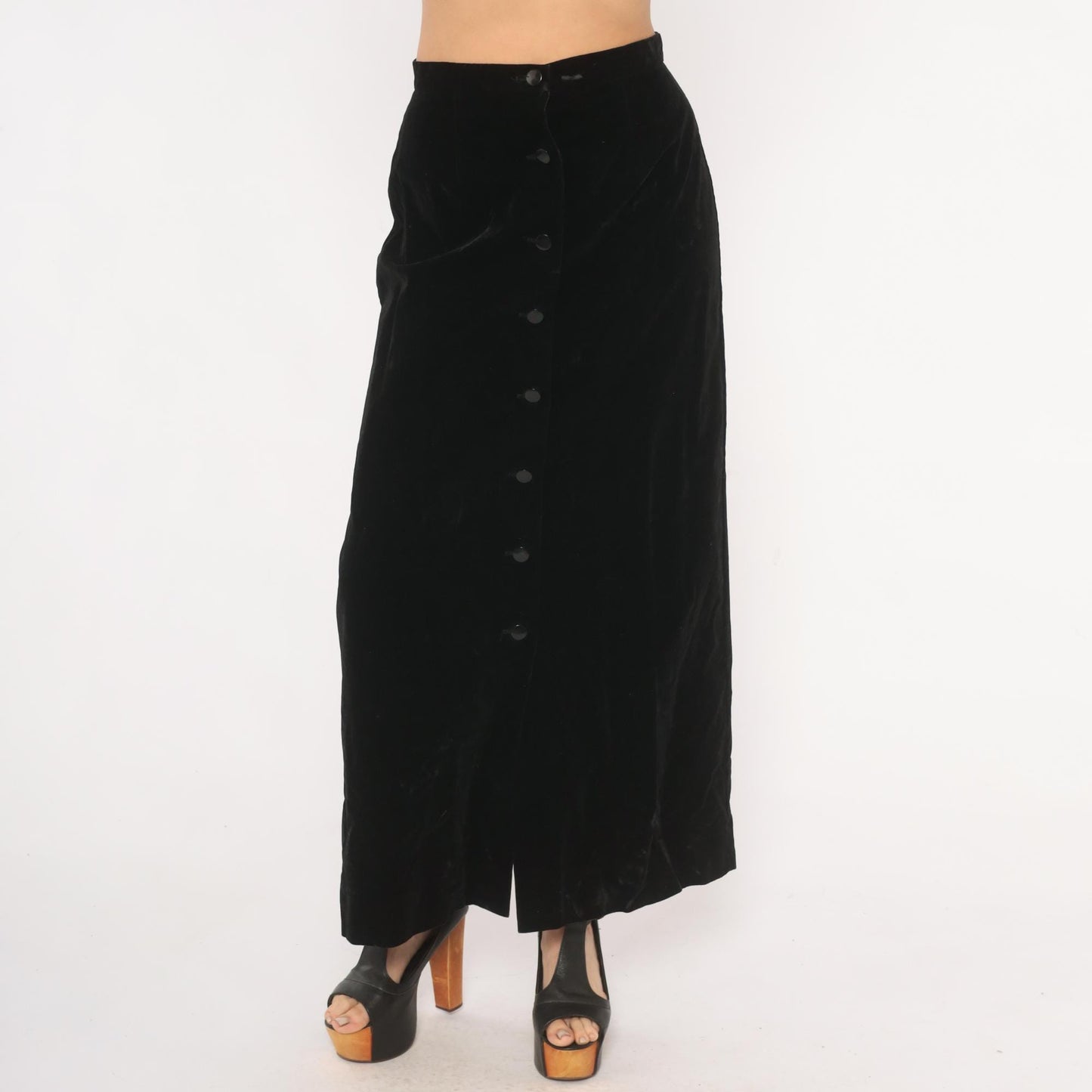 90s Black Velvet Maxi Skirt Button Front A-Line High Waist Small S