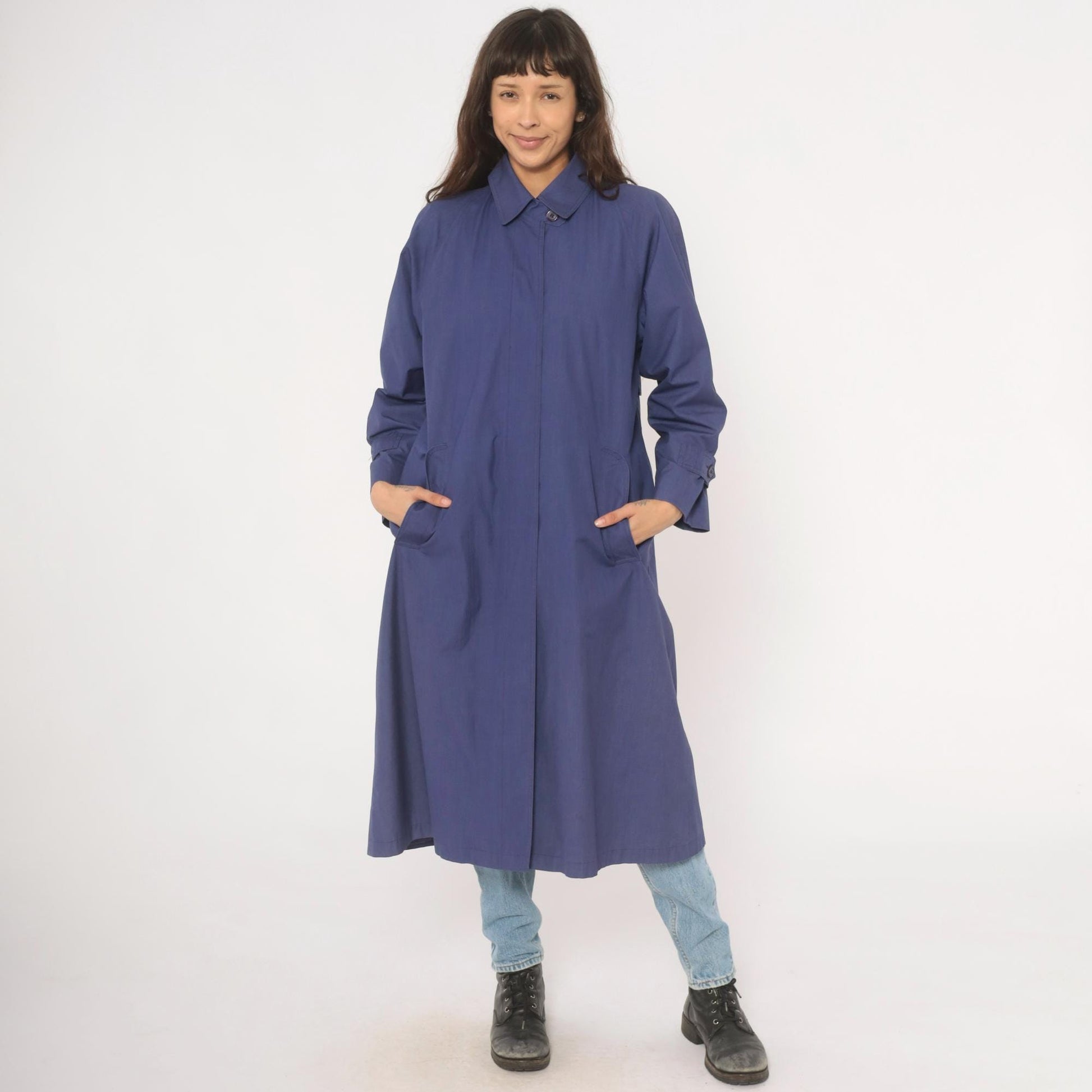 80s London Fog Periwinkle Trench Coat Cotton Midi Duster Medium M
