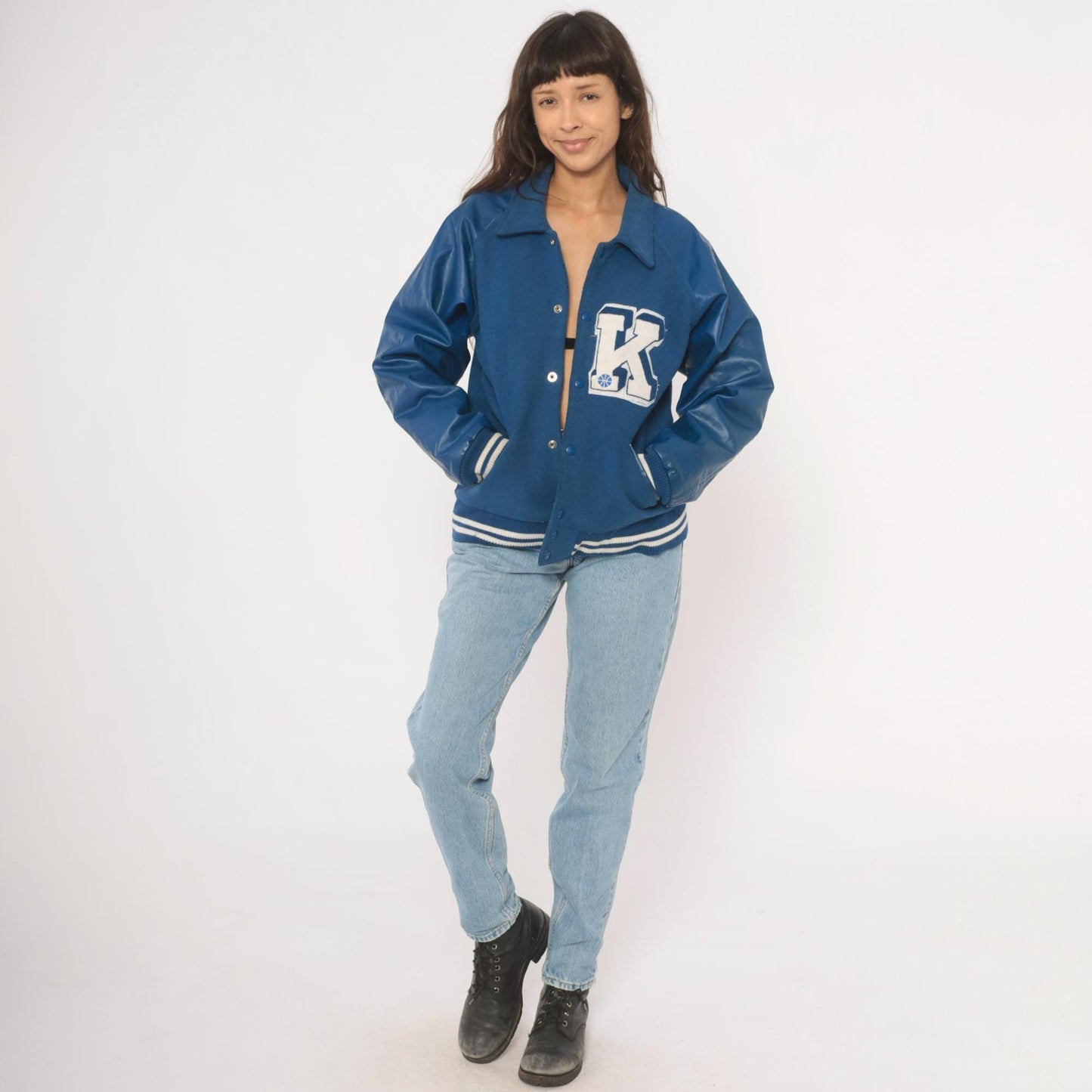 90s Reebok Varsity Jacket Wool Leather Letterman Blue Navy White Medium M