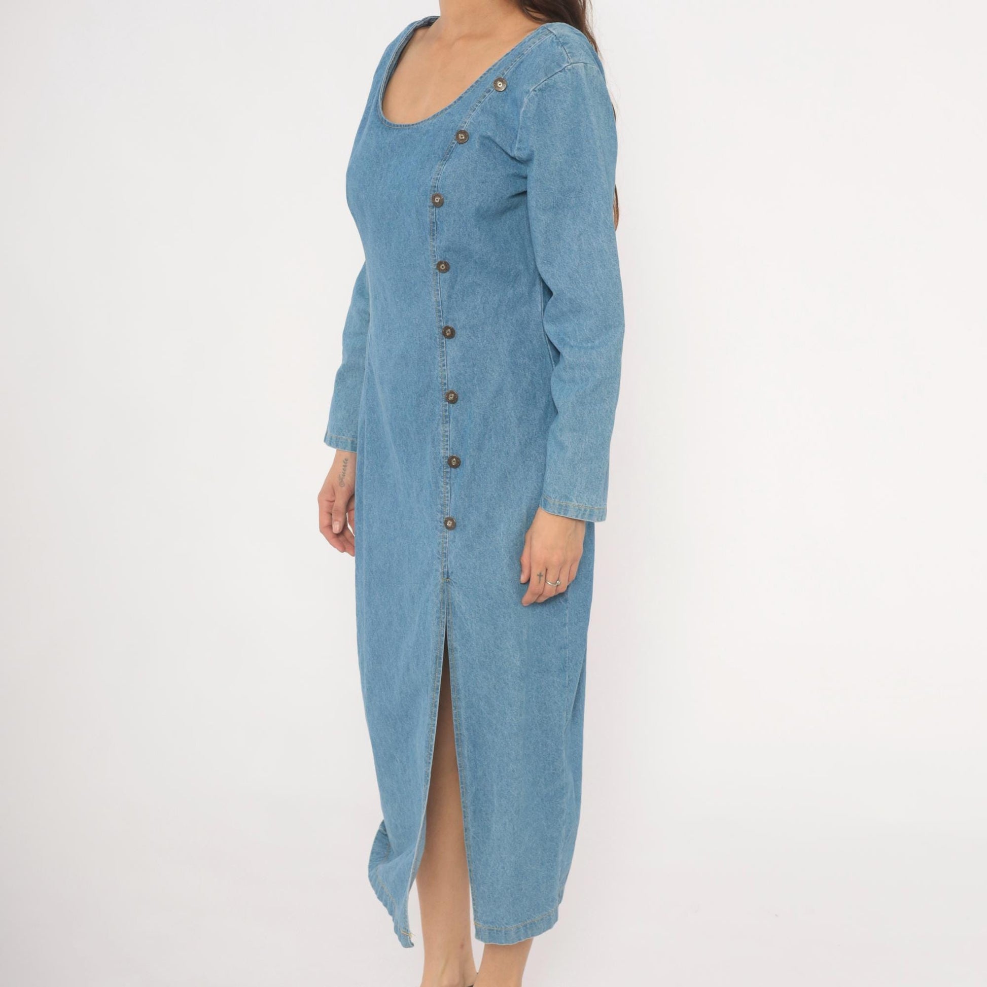 90s Switch USA Light Blue Denim Midi Dress Cotton Long Sleeve Medium M