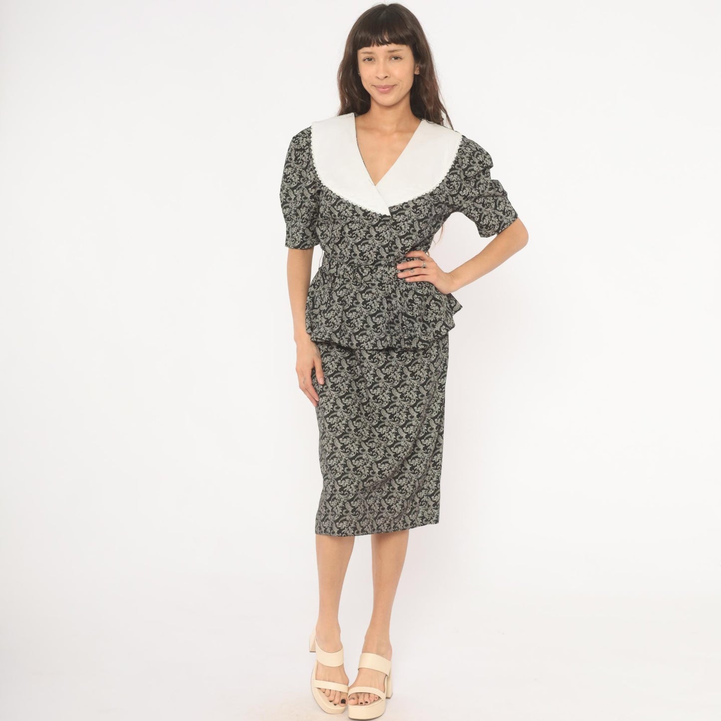 90s Miss Dorby Peplum Dress Black White Scroll Print V-Neck Puff Sleeve Large L