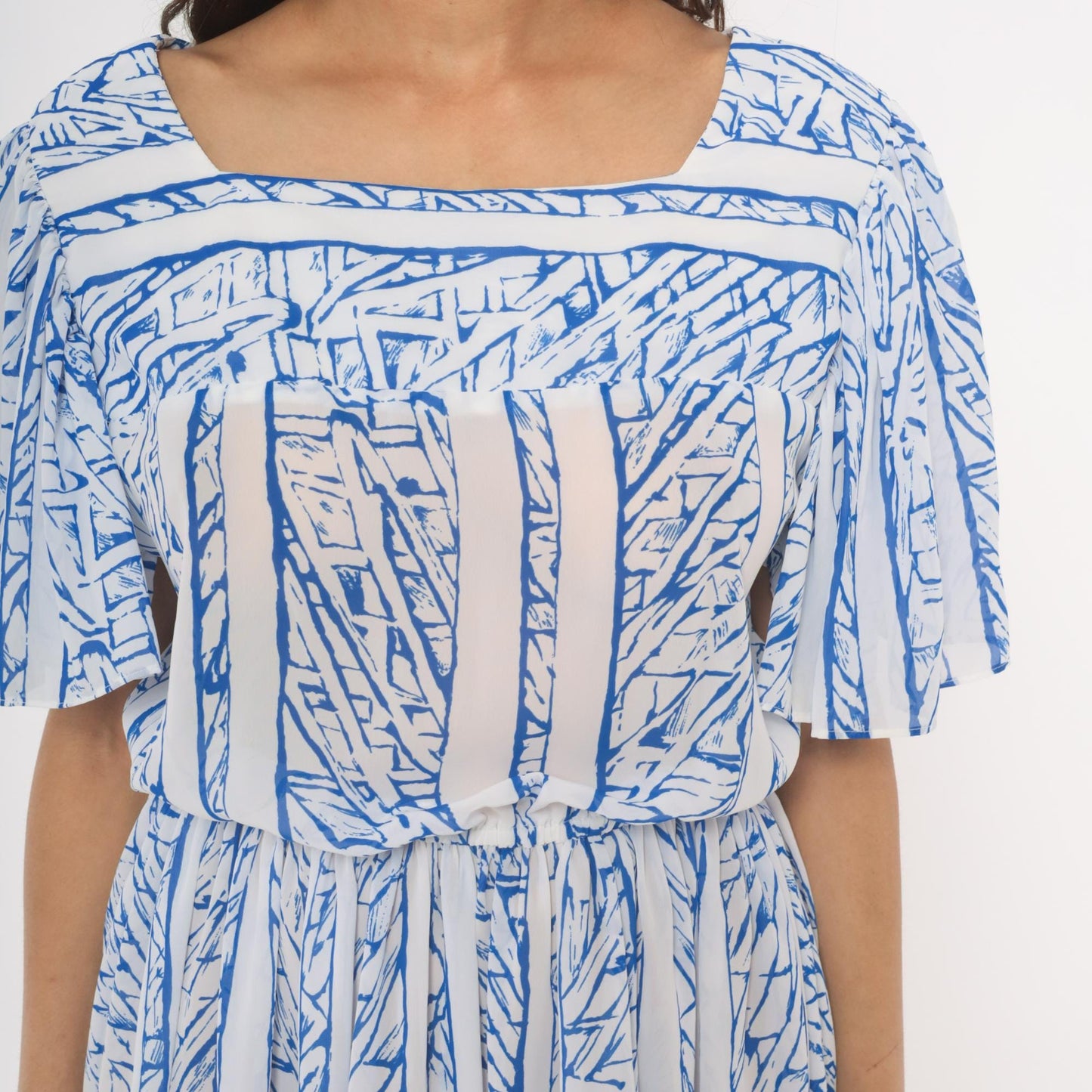 80s Top Act Abstract Stripe Dress Blue White Flutter Sleeve Knee Length Large L