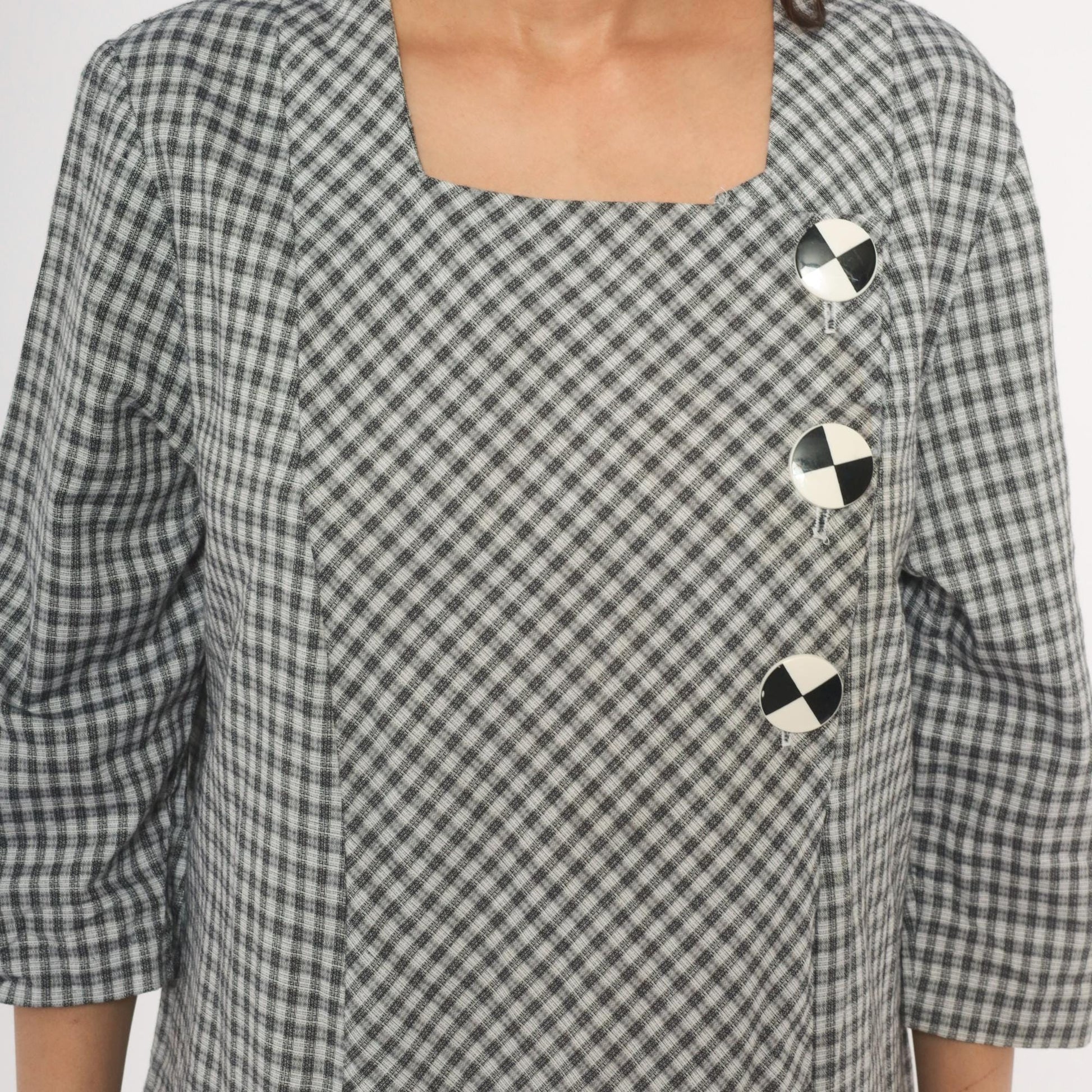 90s Be My Baby Black White Gingham Check Dress Square Neck Medium M