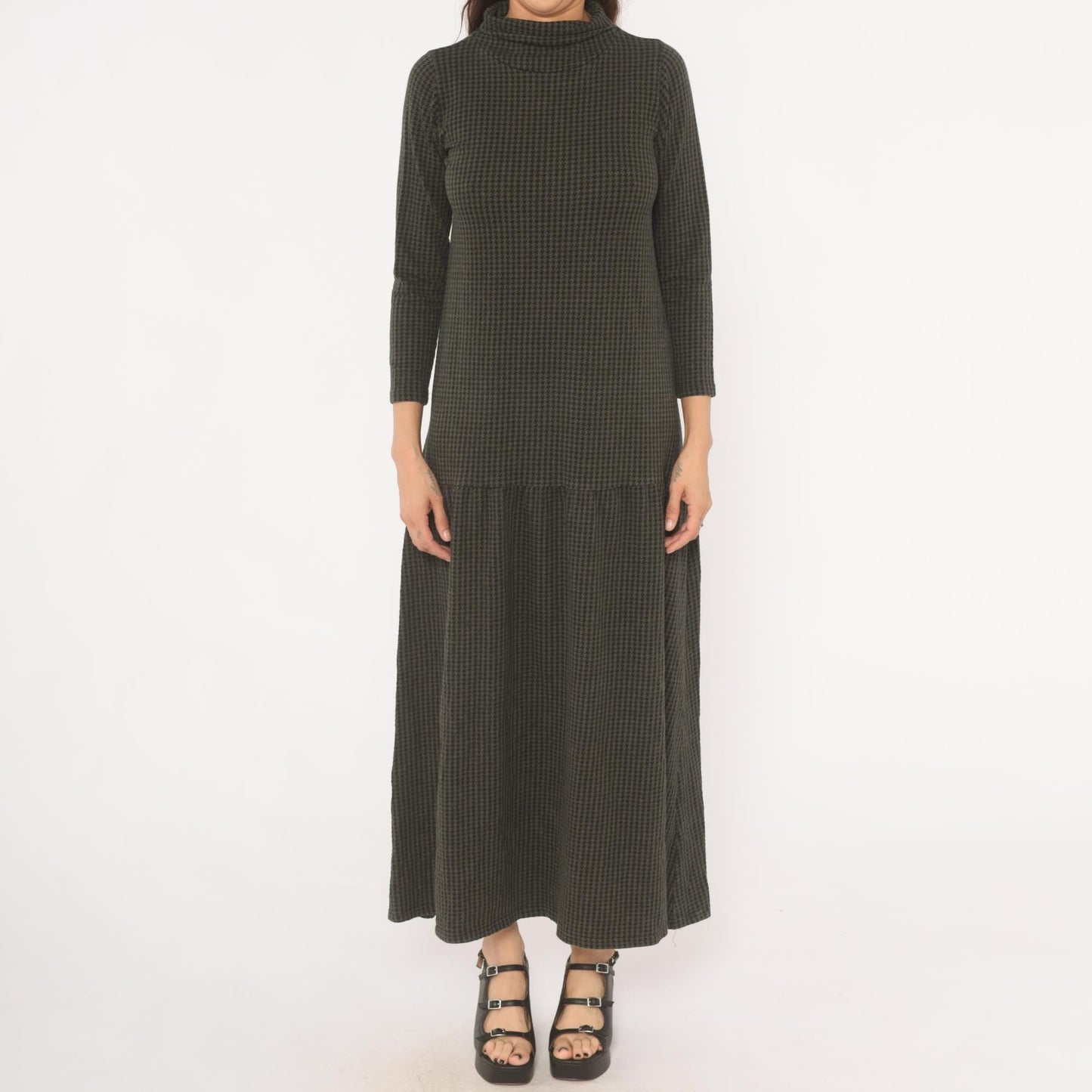90s JP Houndstooth Maxi Dress Olive Black Funnel Neck Drop Waist Medium M