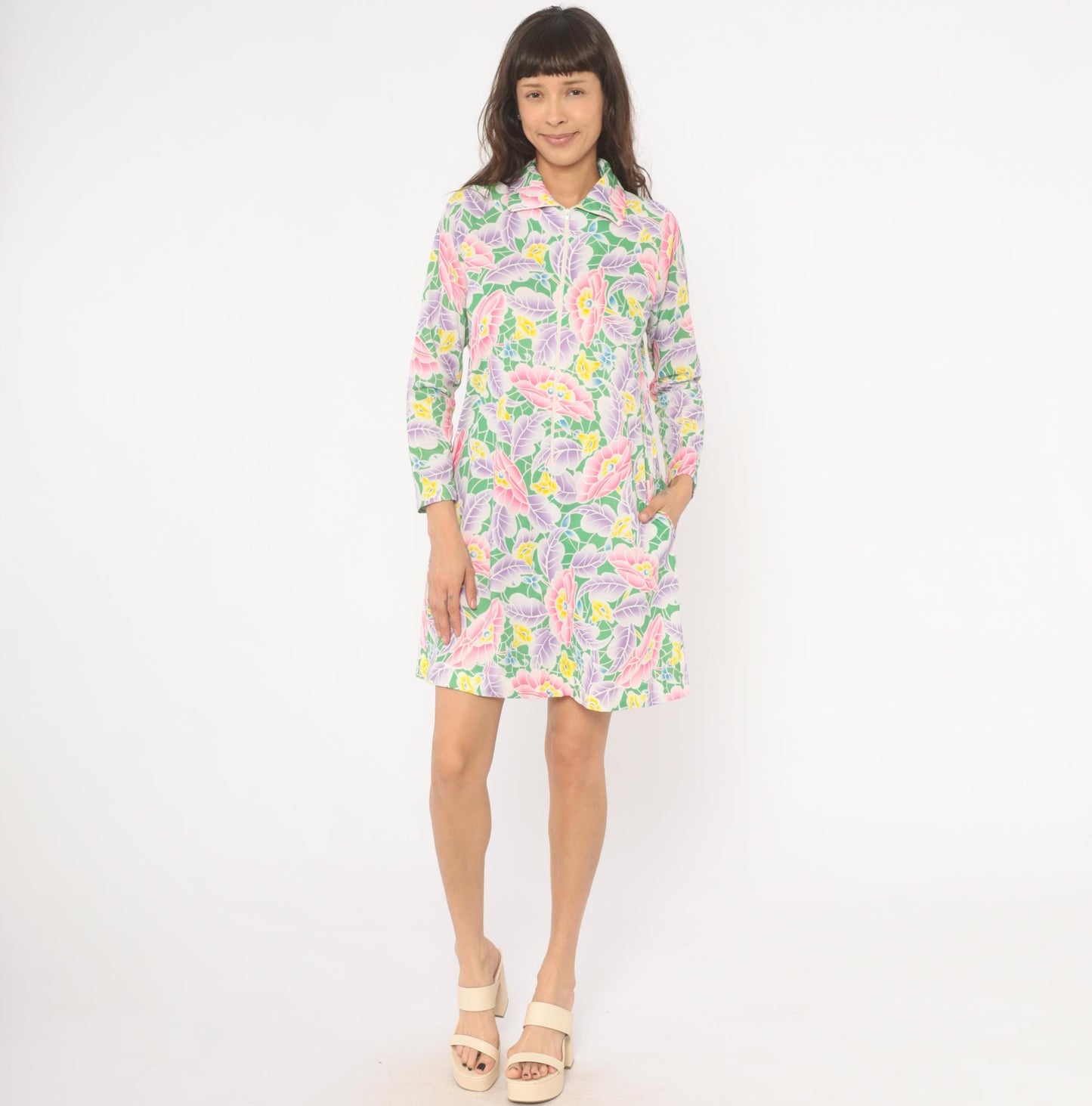 70s Travel Lite Floral Shift Dress Pink Lavender Green Knee-Length Small S