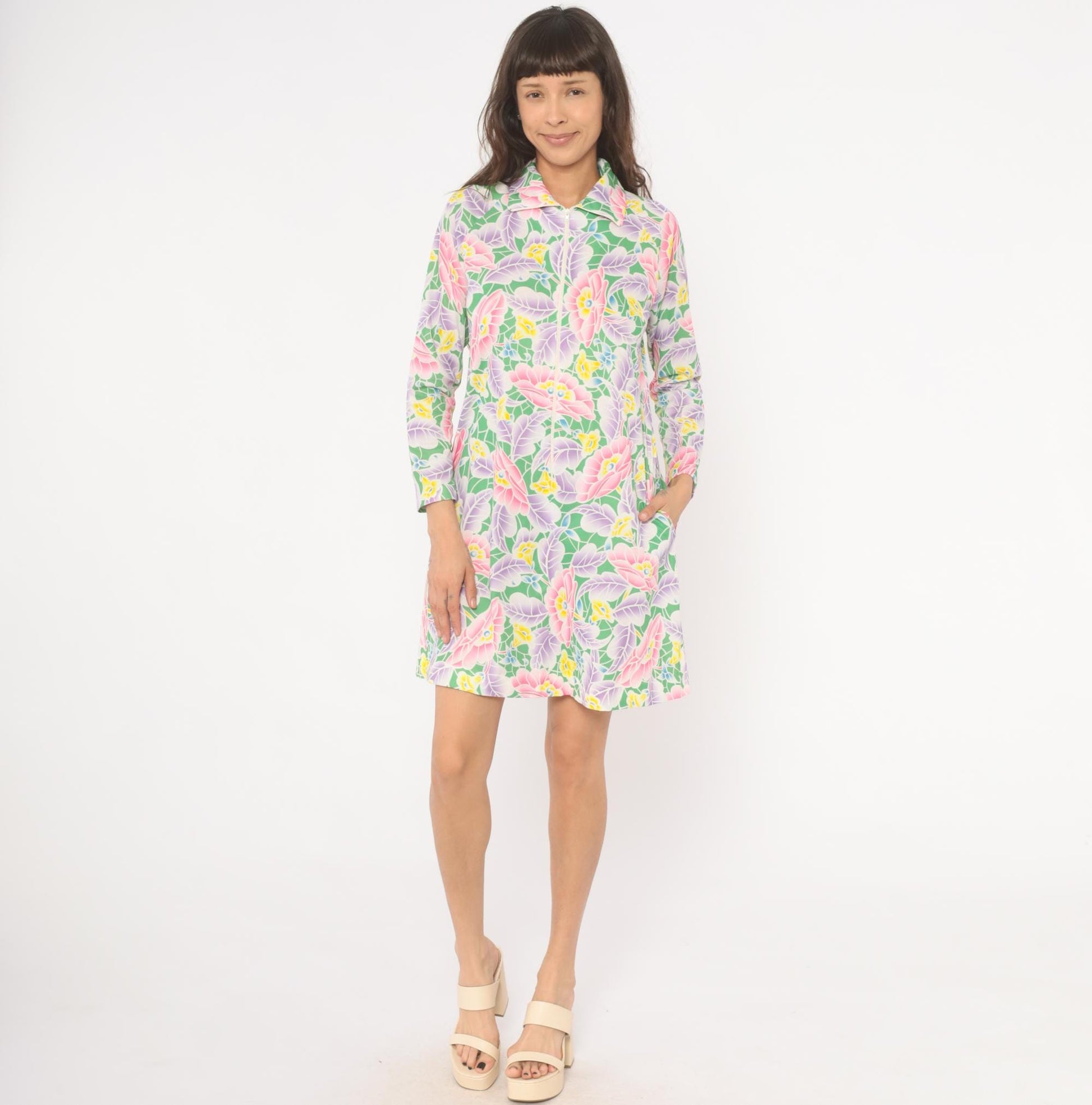 70s Travel Lite Floral Shift Dress Pink Lavender Green Knee-Length Small S