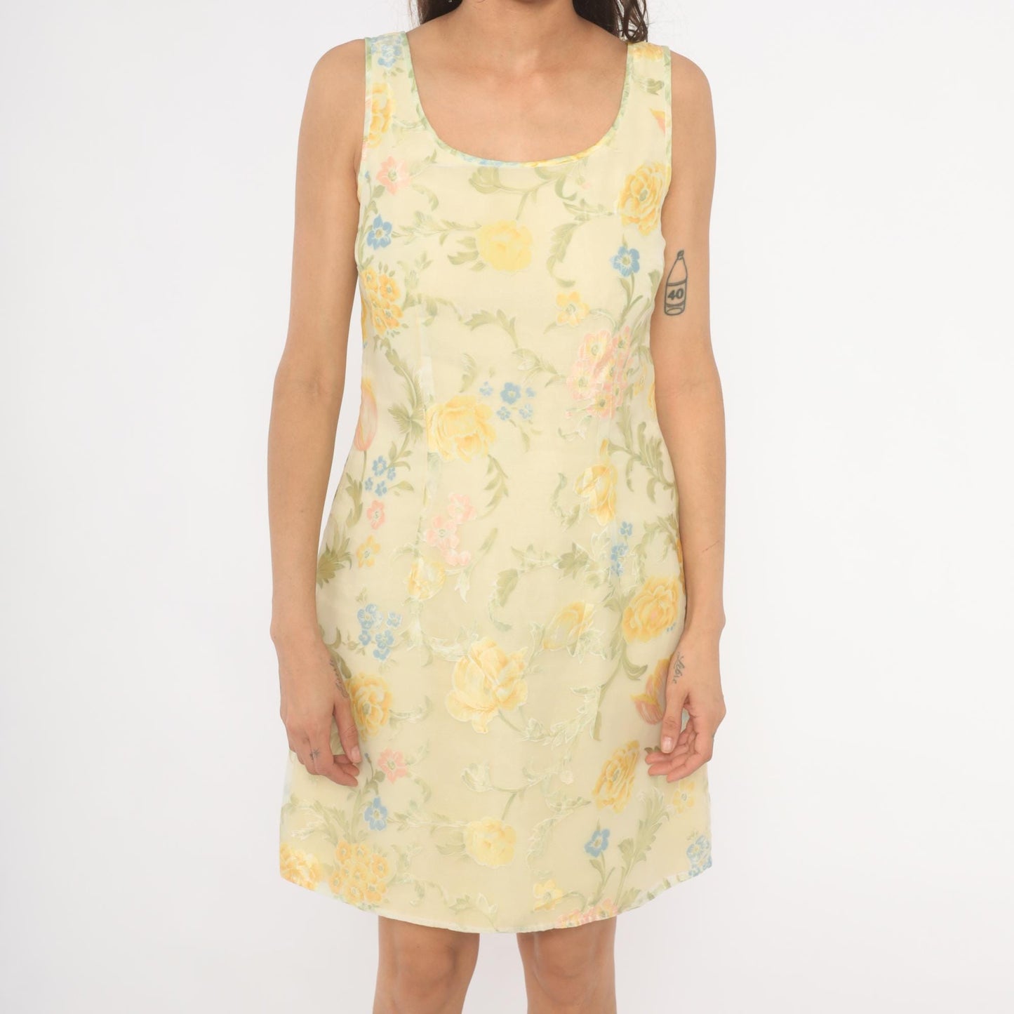 90s Ann Taylor Floral Shift Dress Yellow Scoop Neck Sleeveless Knee Small