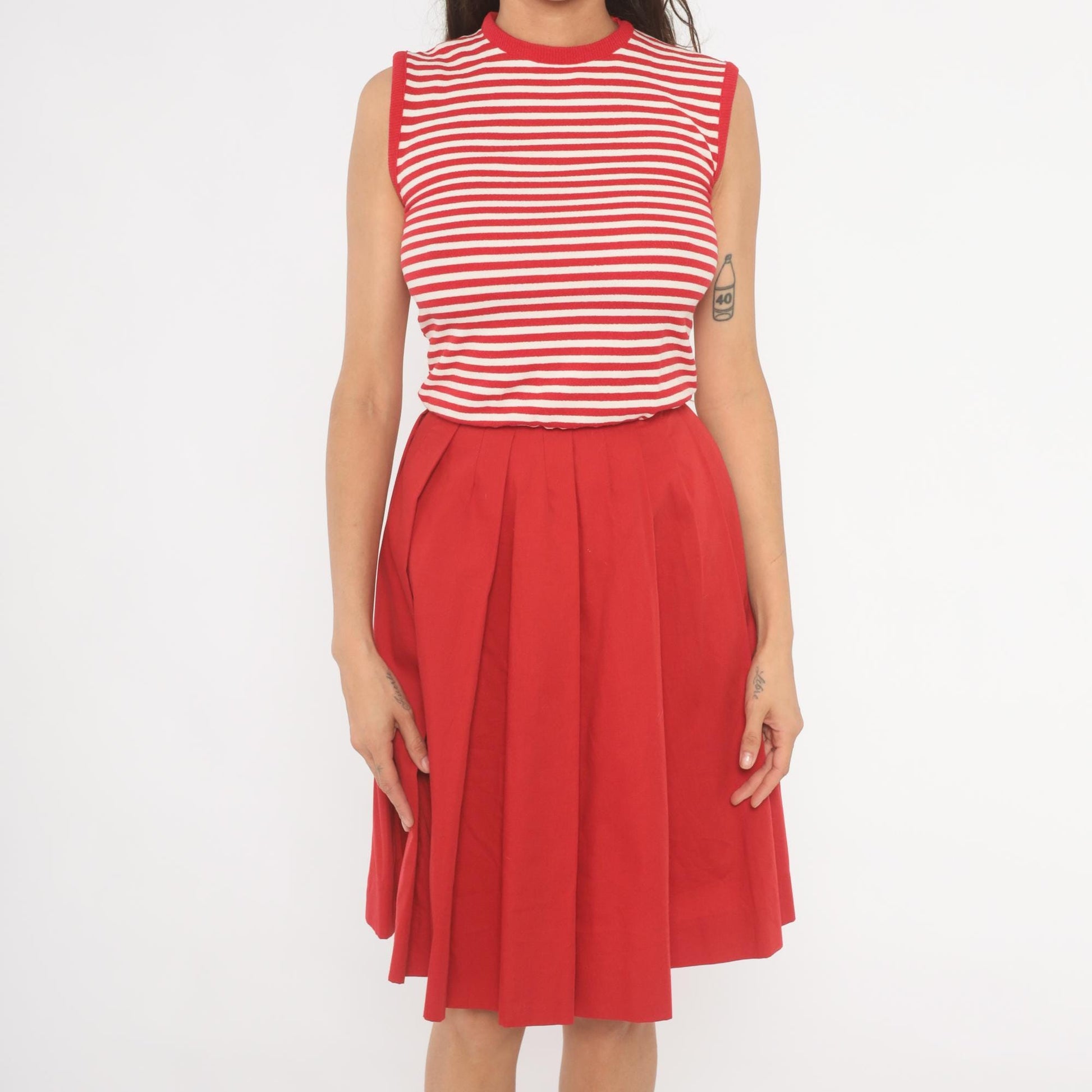 70s Country Set Red White Striped Sleeveless Dress Pleated Skirt Extra Small XS