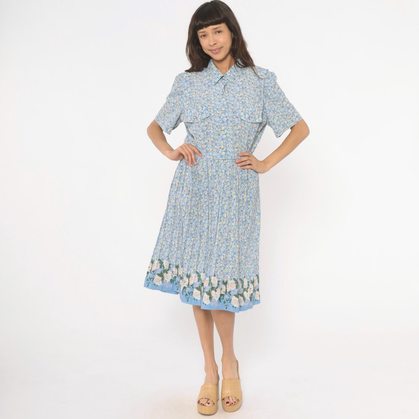 90s Breli Originals Floral Shirtdress Sky Blue Midi Pleated Skirt Large L