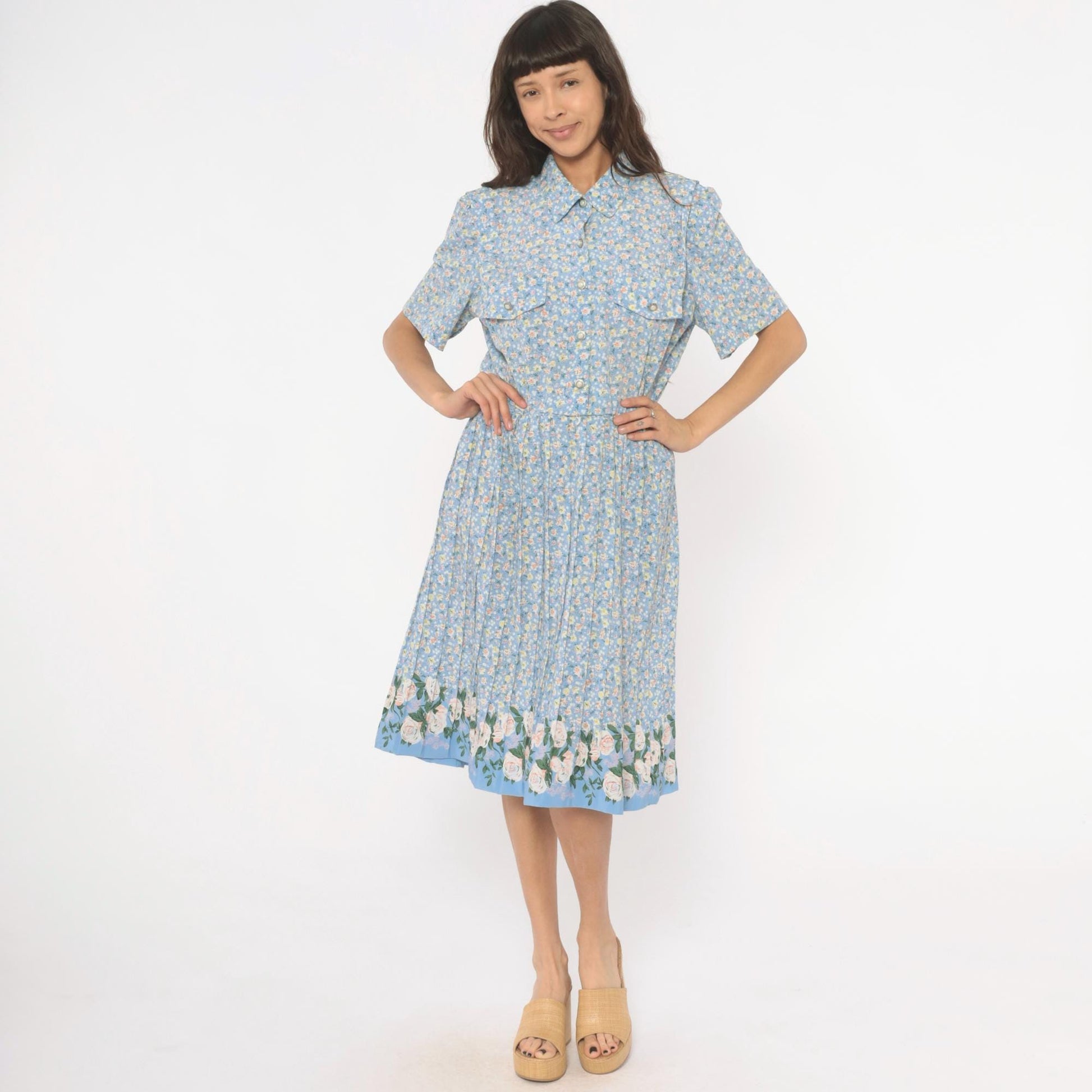 90s Breli Originals Floral Shirtdress Sky Blue Midi Pleated Skirt Large L
