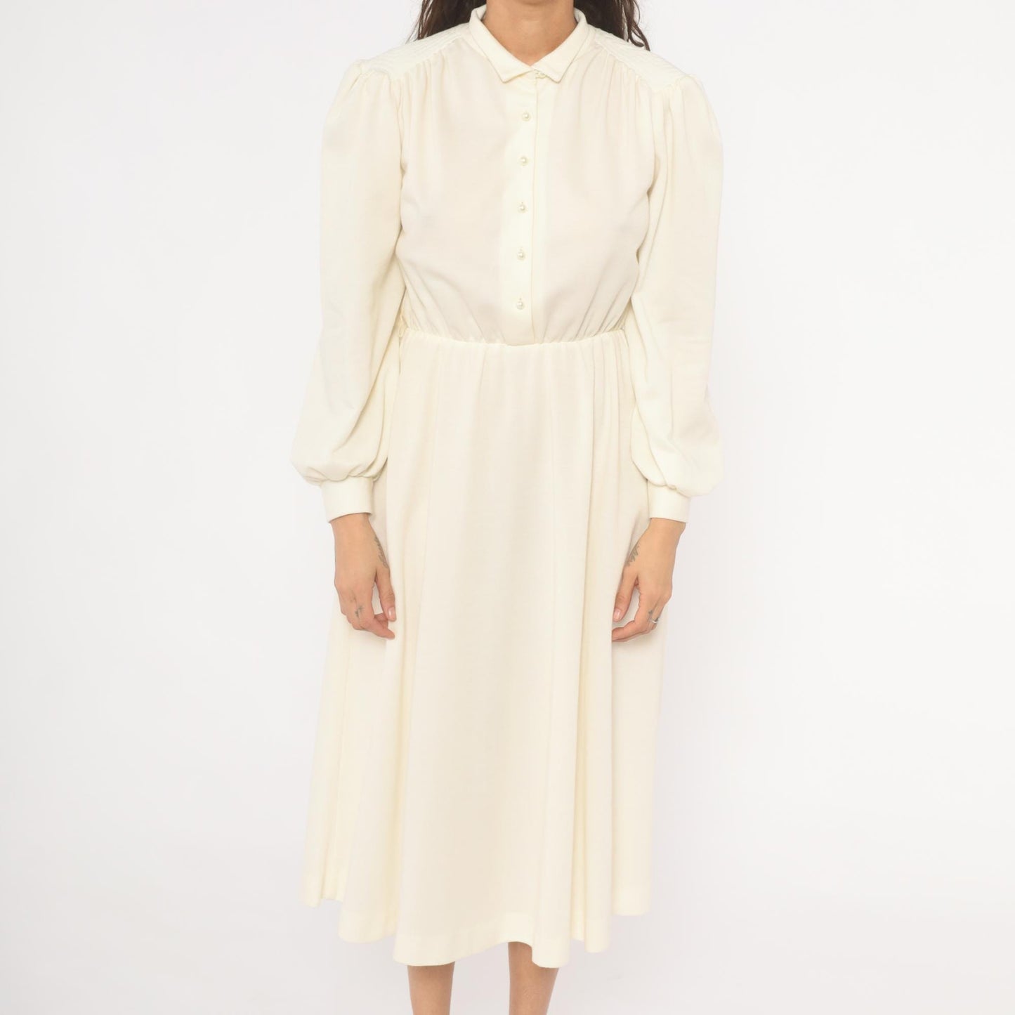 80s Sunshine Starshine Cream Puff Sleeve Midi Dress Pearl Buttons Wool Large L