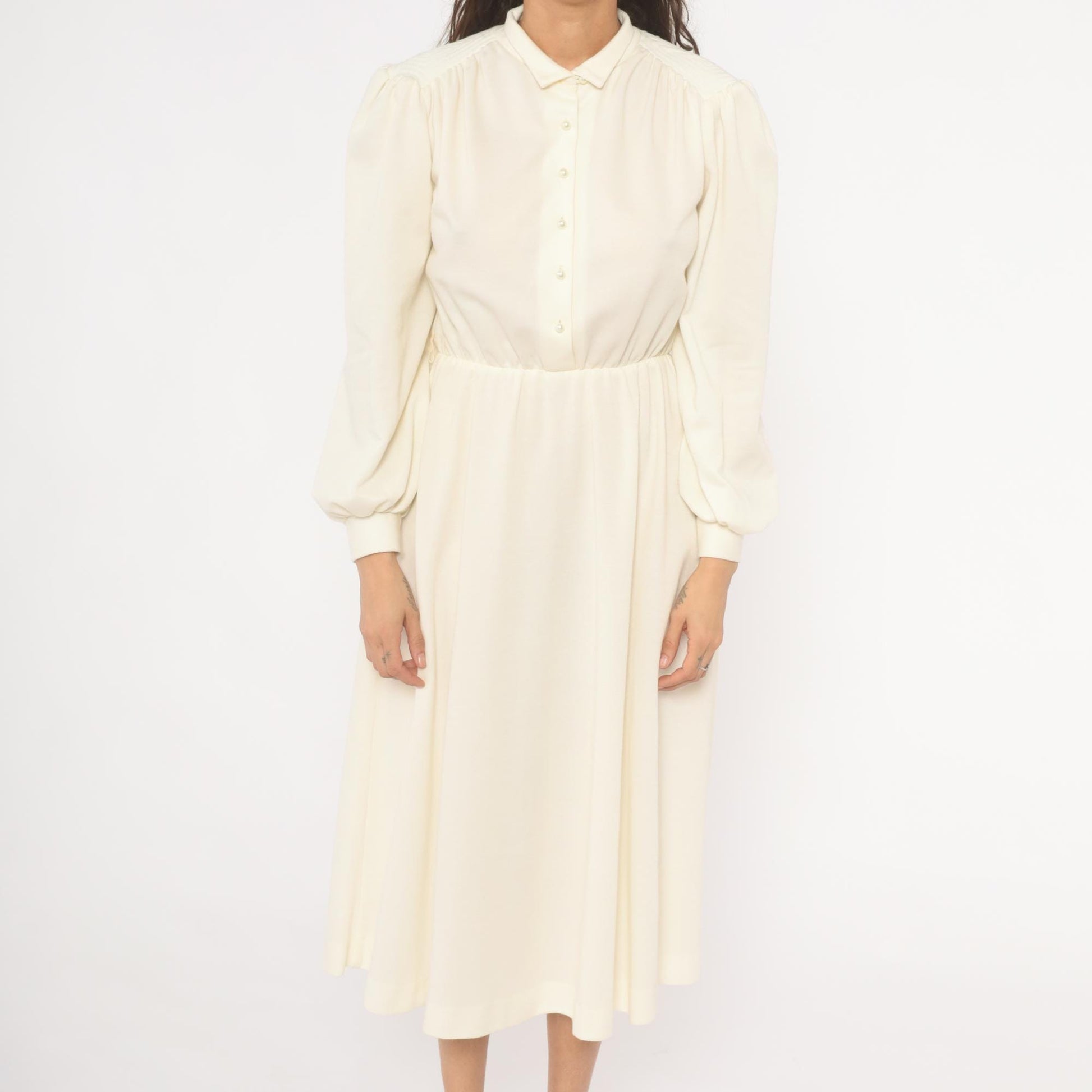 80s Sunshine Starshine Cream Puff Sleeve Midi Dress Pearl Buttons Wool Large L