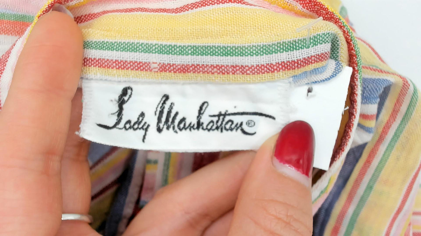 80s Lady Manhattan Rainbow Stripe Button Blouse Multicolor Cotton Medium M