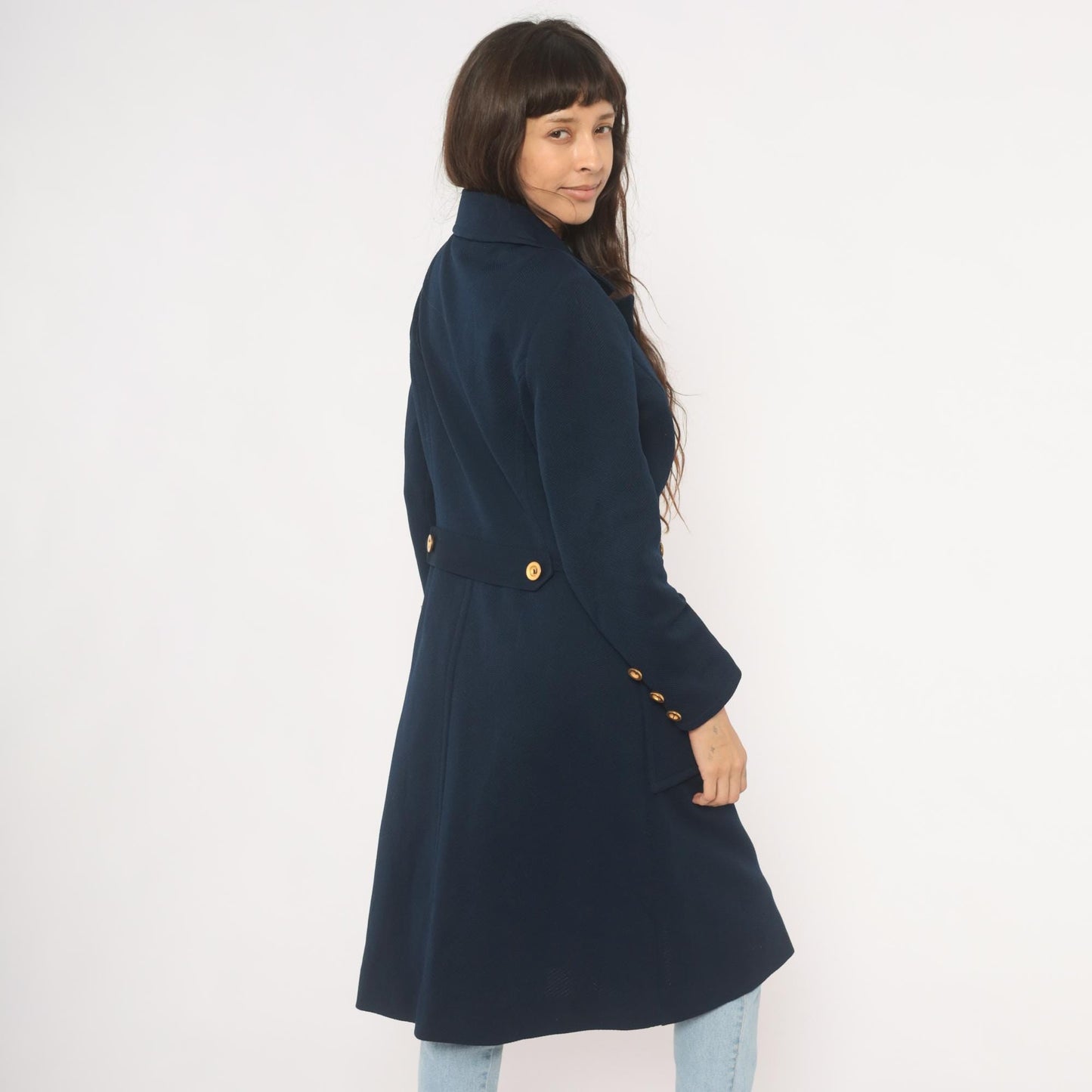 70s Butte Knit Navy Double Breasted Coat Gold Buttons Knee Length Large L