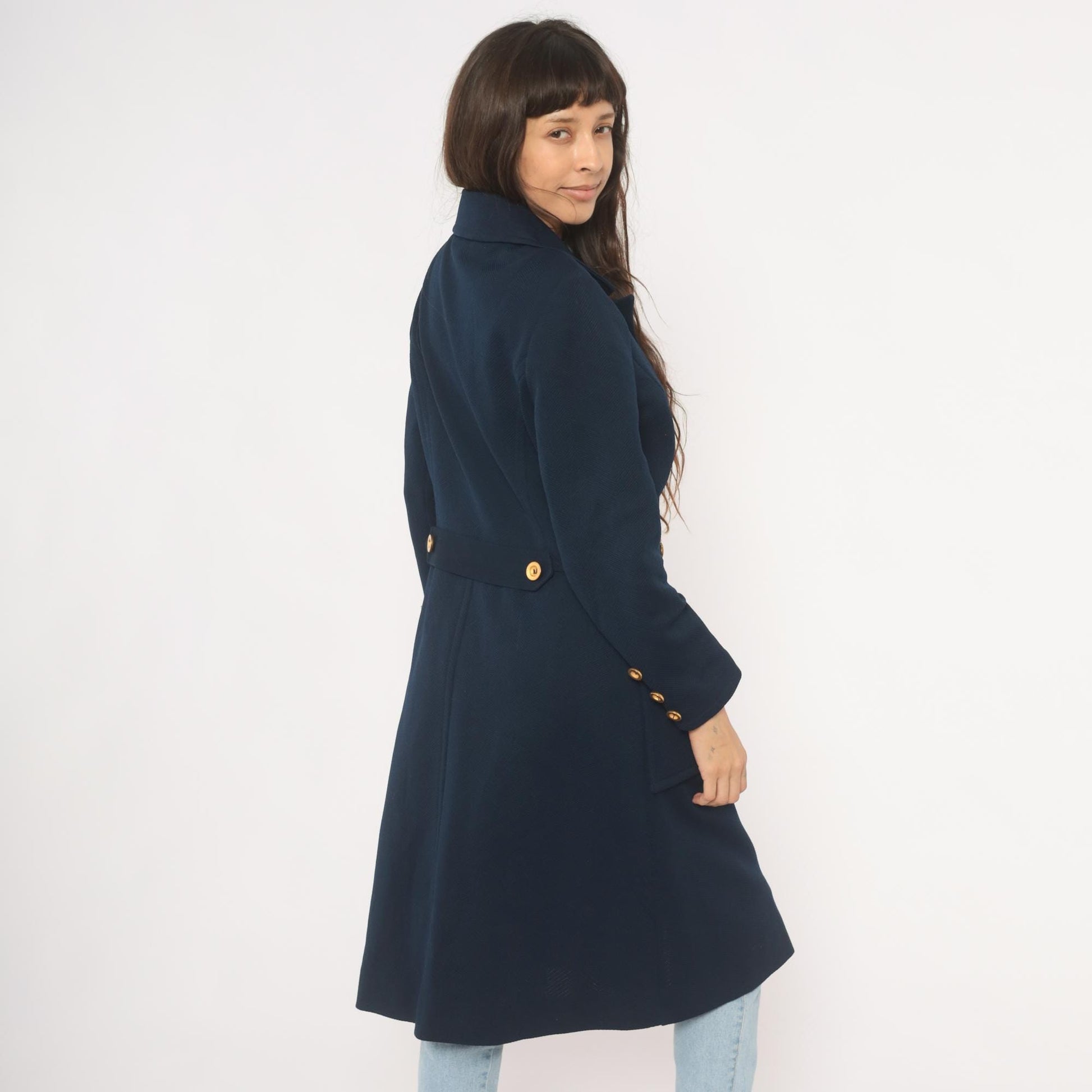 70s Butte Knit Navy Double Breasted Coat Gold Buttons Knee Length Large L