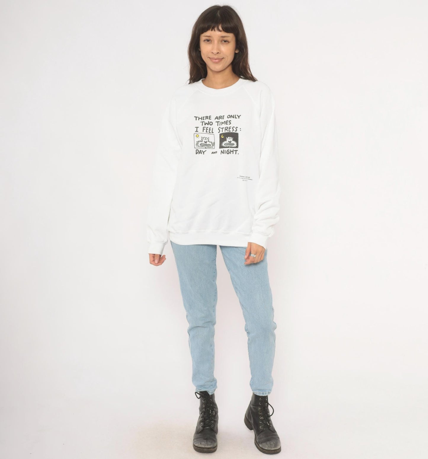 90s Shoebox Greetings Stress Day And Night Cat Sweatshirt White Raglan Extra Large